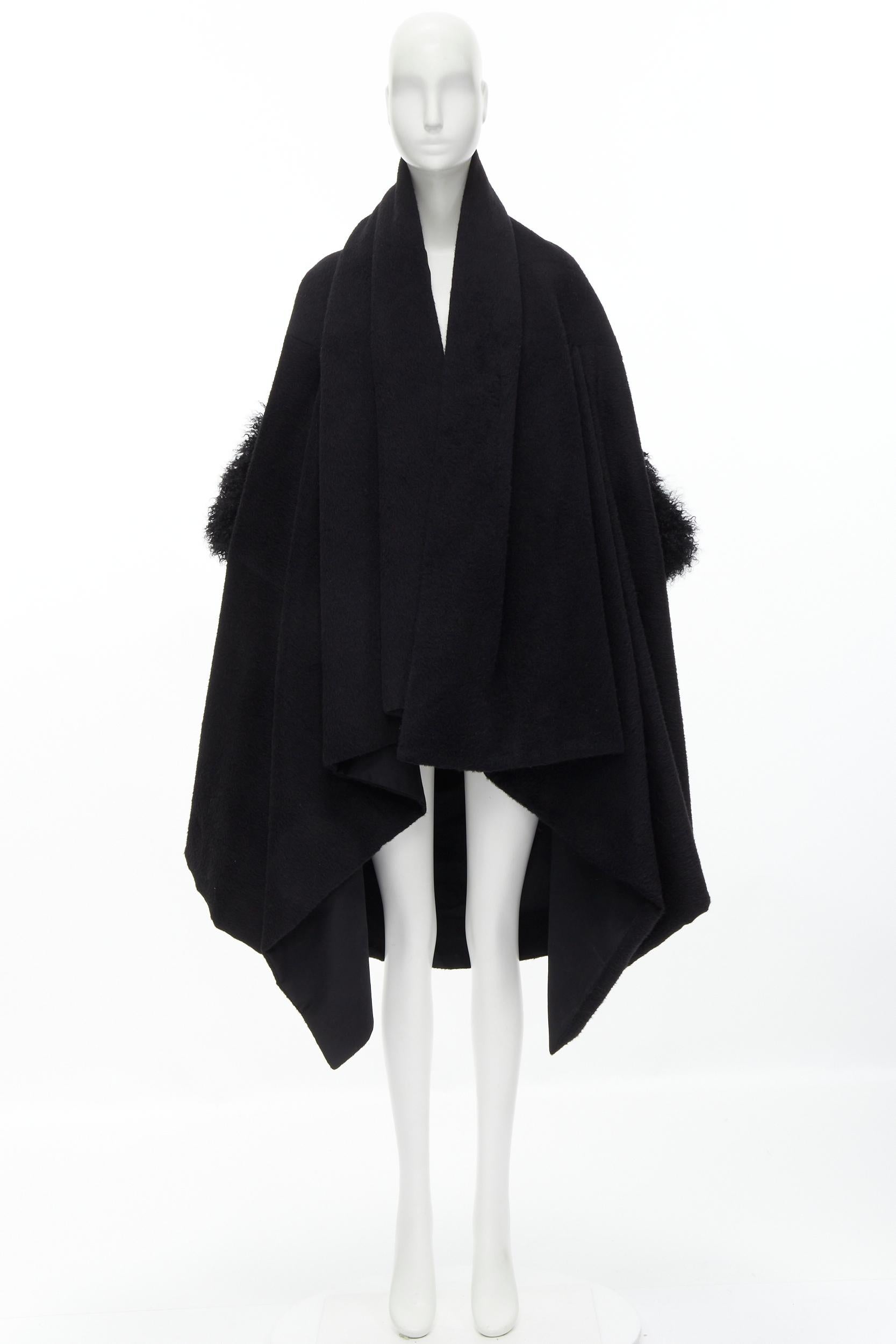 YOHJI YAMAMOTO black brushed wool shearling cuff draped cocoon coat S 5