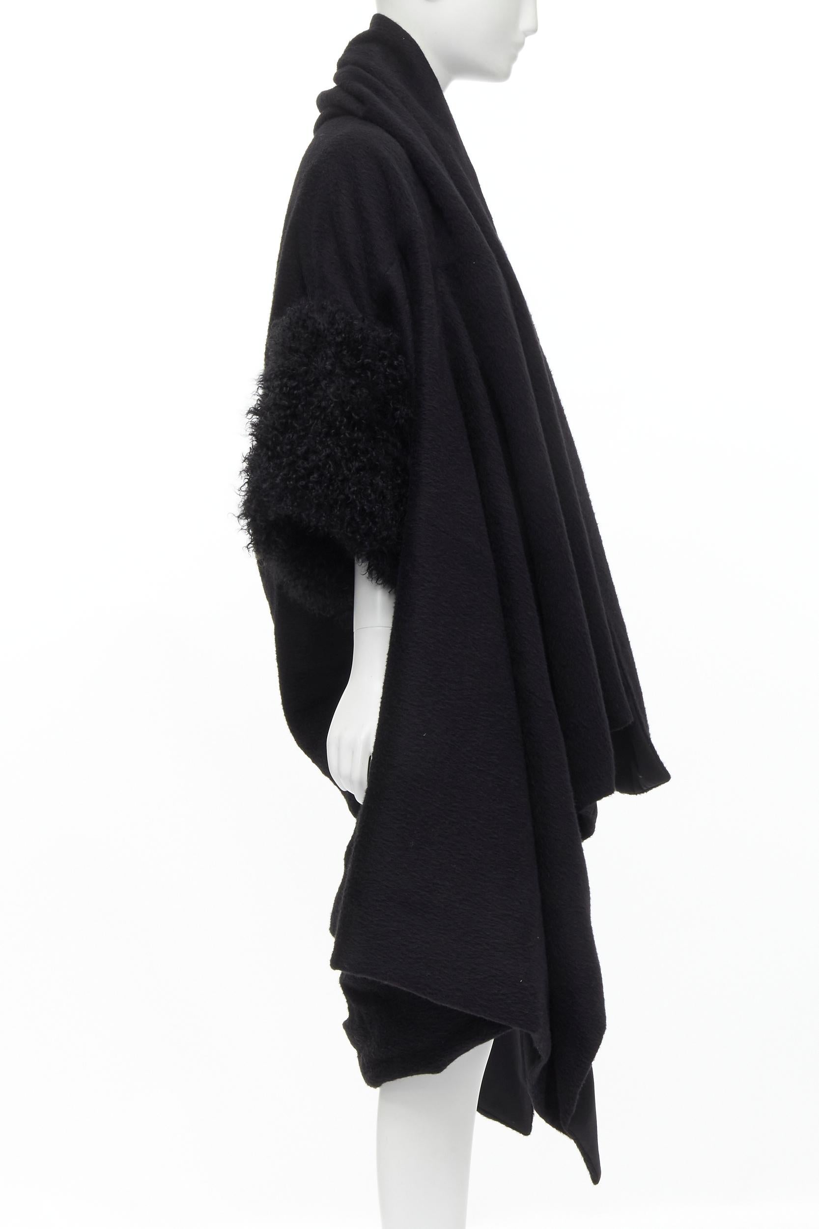 Black YOHJI YAMAMOTO black brushed wool shearling cuff draped cocoon coat S