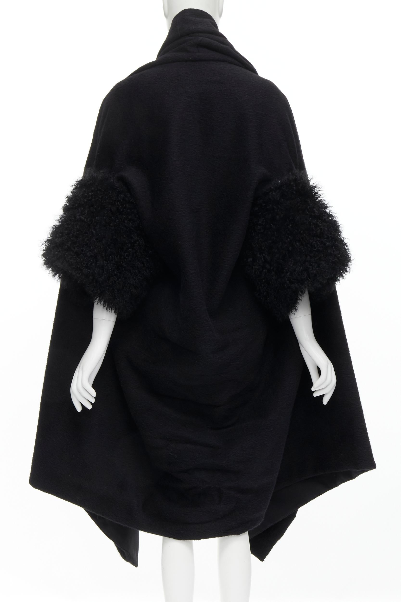 YOHJI YAMAMOTO black brushed wool shearling cuff draped cocoon coat S In Excellent Condition In Hong Kong, NT
