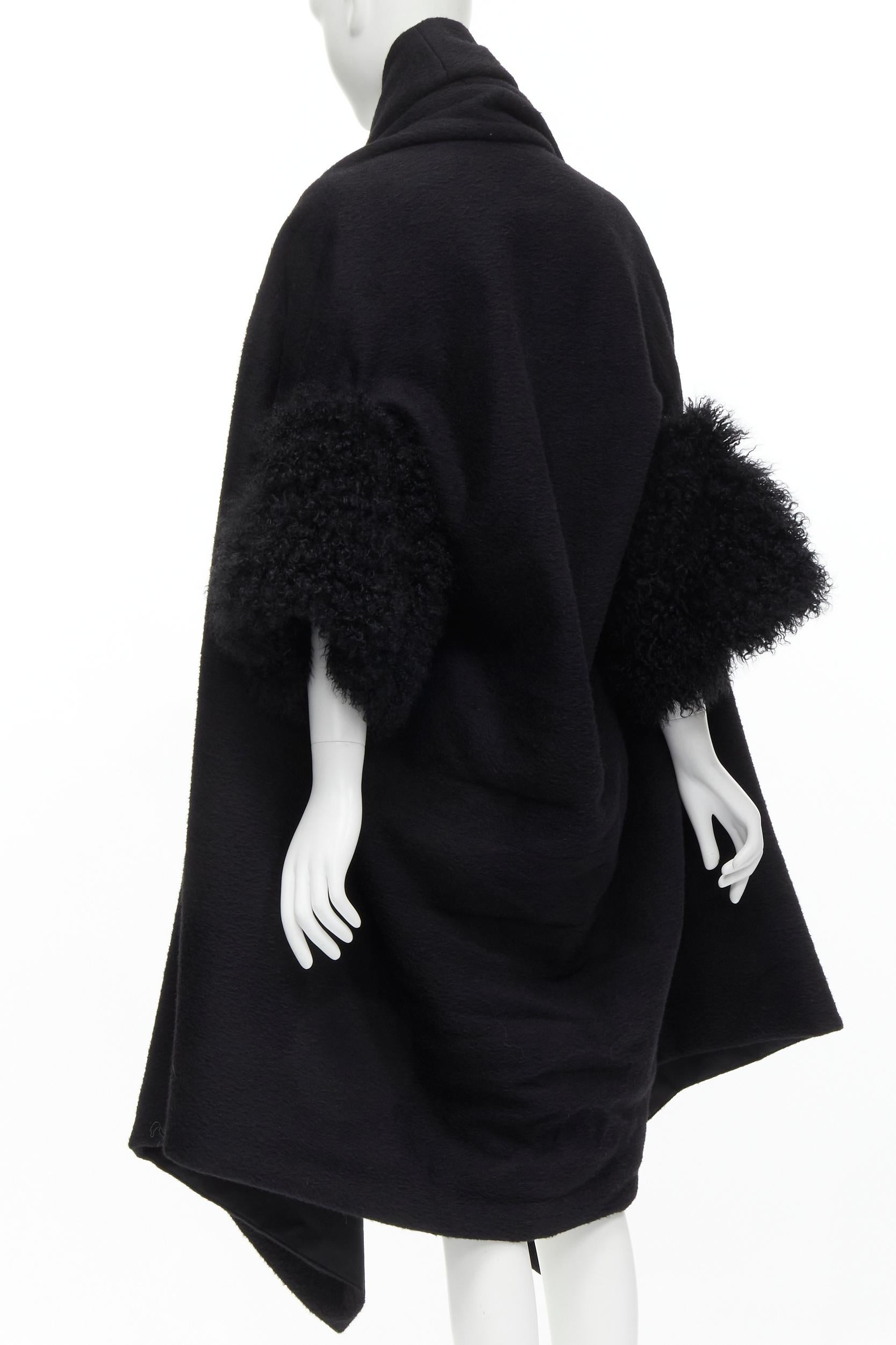 Women's YOHJI YAMAMOTO black brushed wool shearling cuff draped cocoon coat S