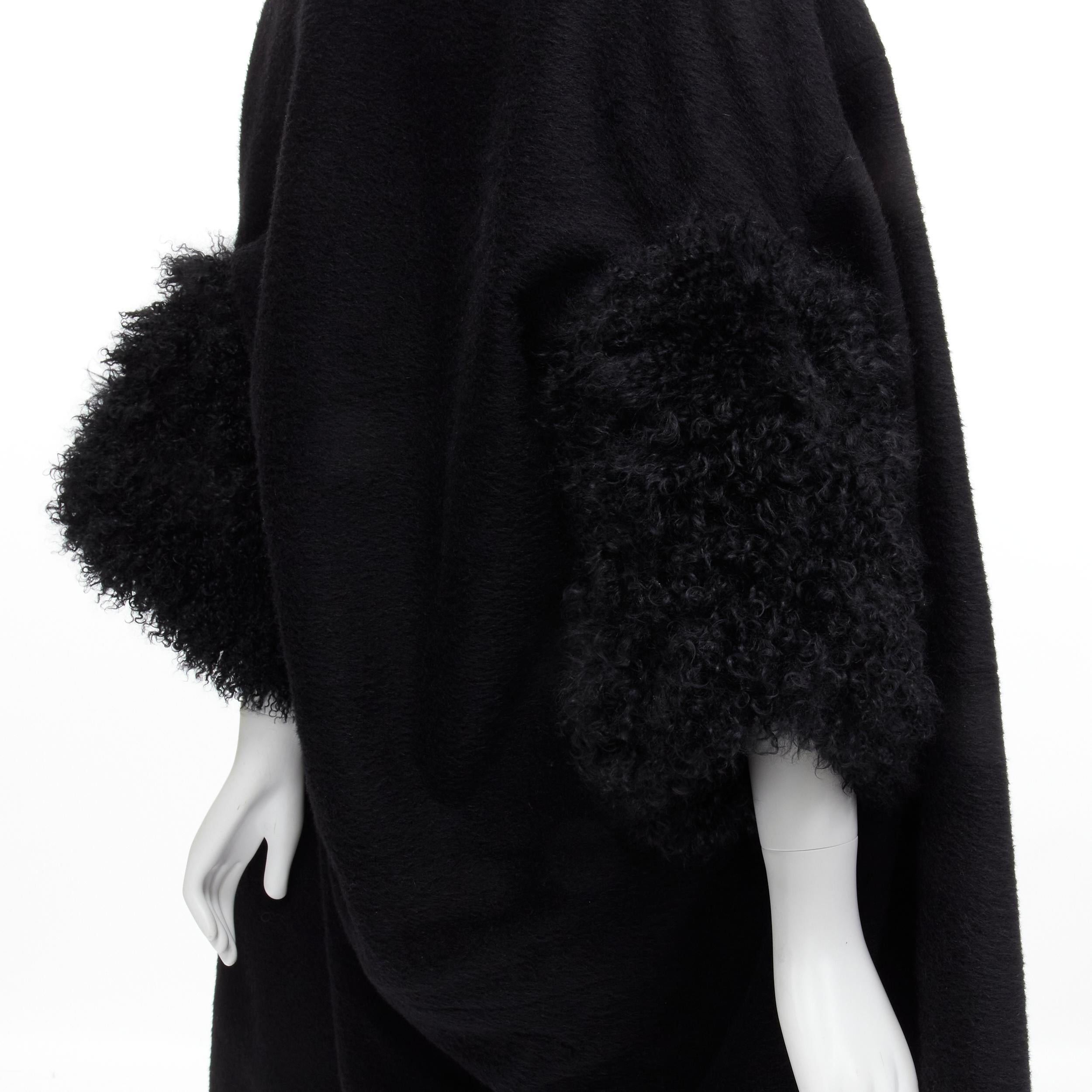 YOHJI YAMAMOTO black brushed wool shearling cuff draped cocoon coat S 3
