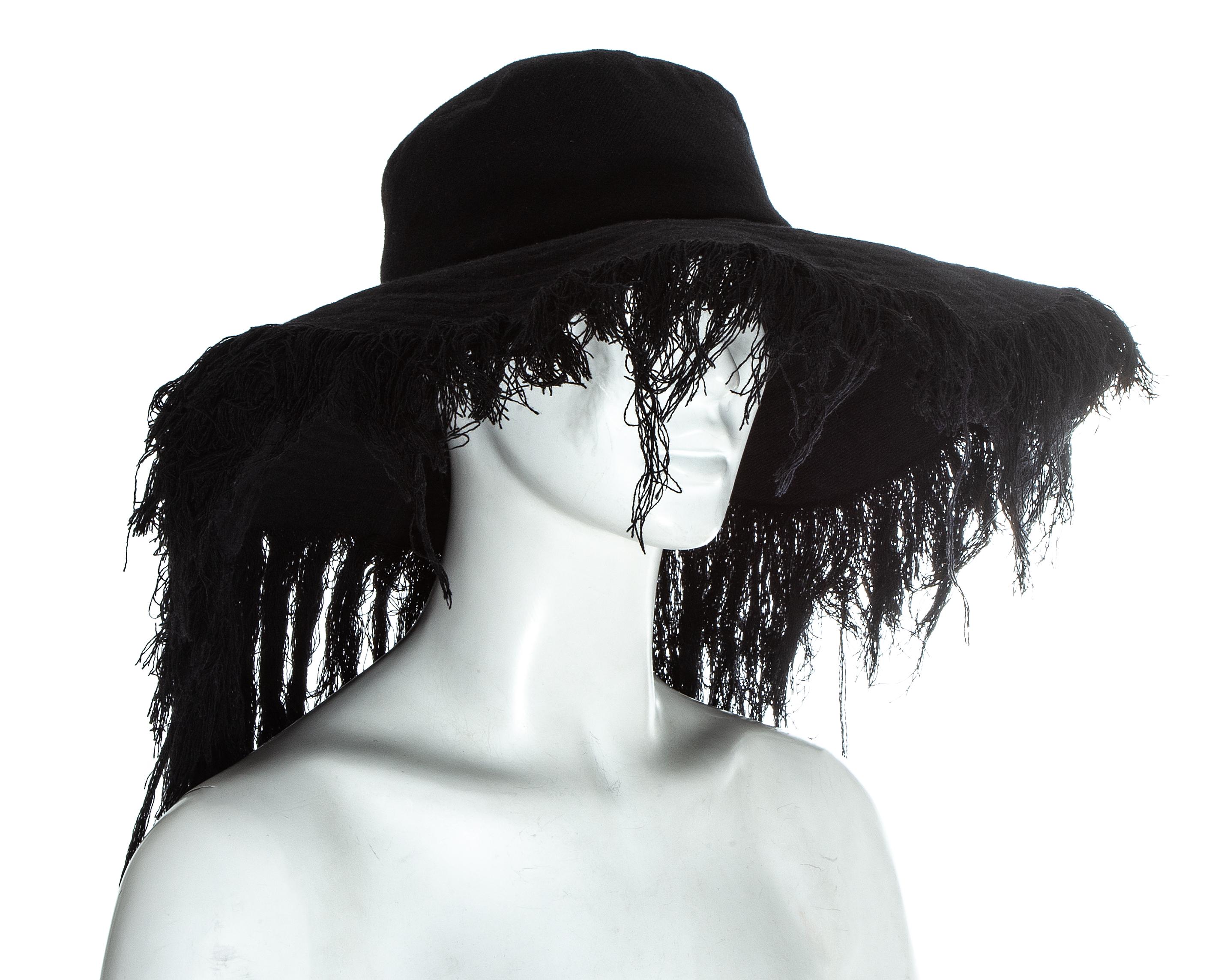 Black Yohji Yamamoto black cashmere wool frayed wide brim sun hat, fw 2013