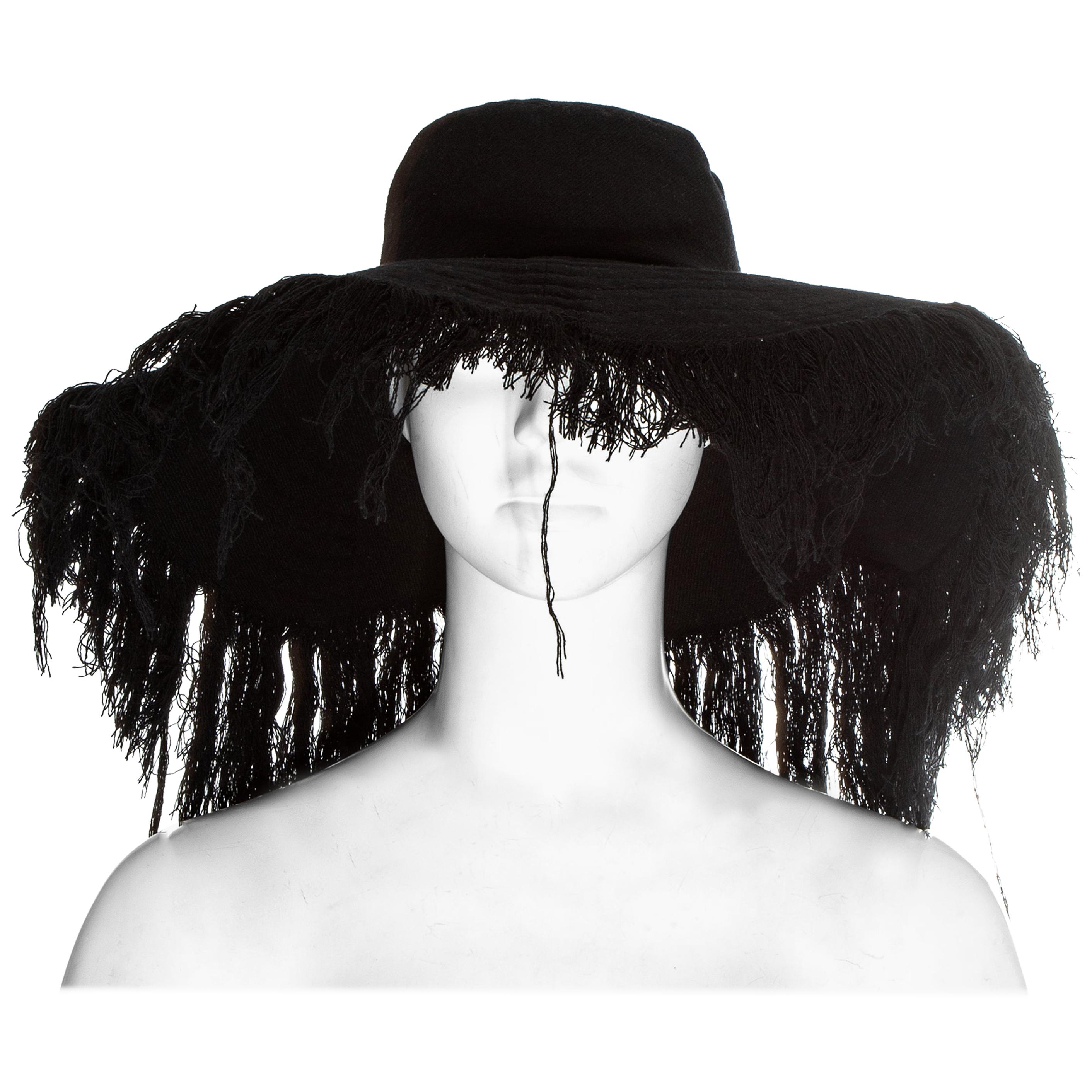 Yohji Yamamoto black cashmere wool frayed wide brim sun hat, fw 2013 For Sale