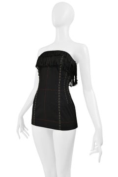 Yohji Yamamoto Black Corset Top With Fringe And Decorative Stitching