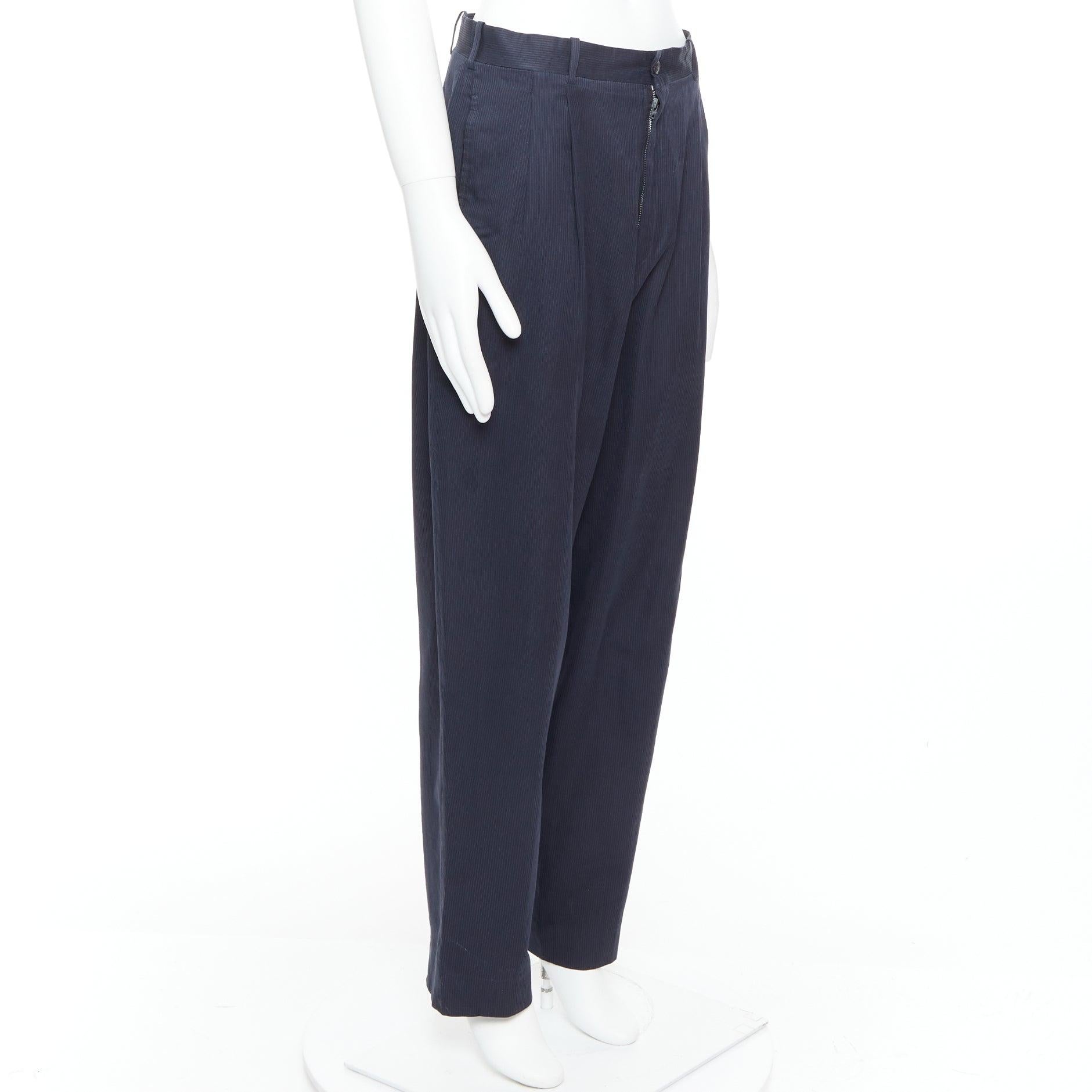 Black YOHJI YAMAMOTO black cotton pinstripe pleated front wide tapered pants S For Sale