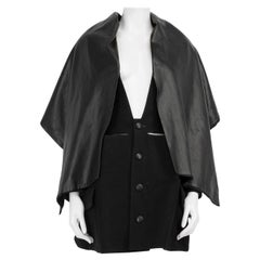 Yohji Yamamoto Black Leather Wrap Collar Wool Coat Size M
