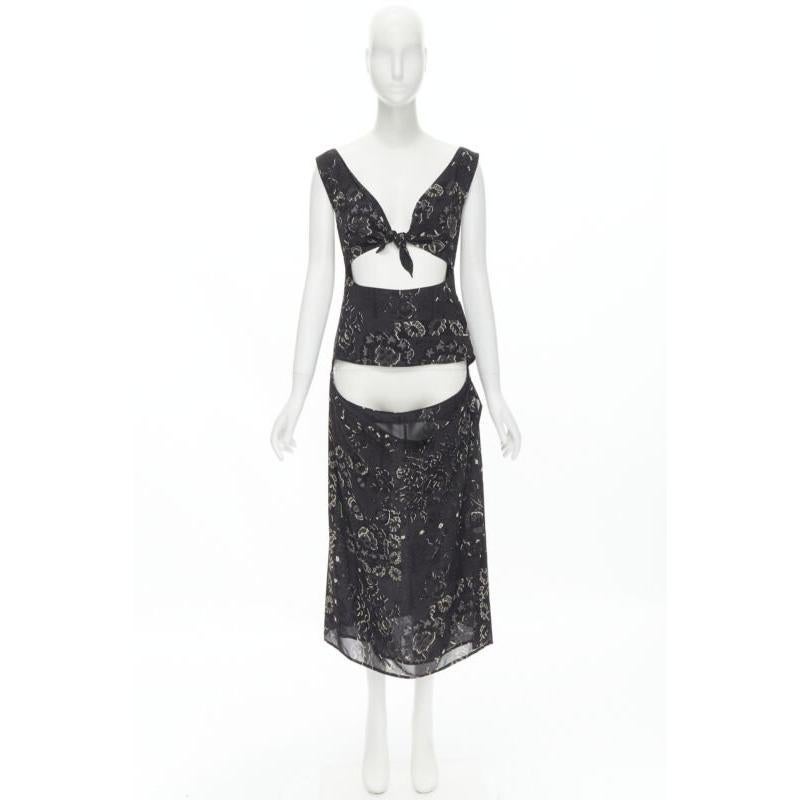 YOHJI YAMAMOTO black pixelated floral paisley cut out draped front midi dress S For Sale 5