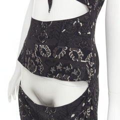 YOHJI YAMAMOTO black pixelated floral paisley cut out draped front midi dress S