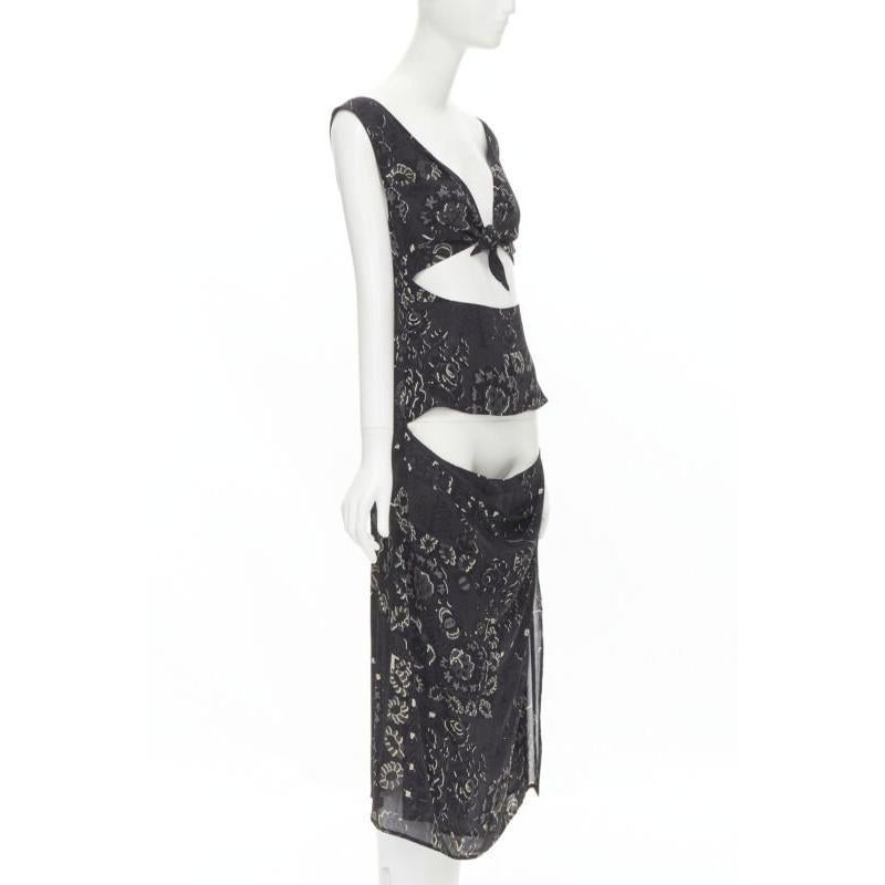 Black YOHJI YAMAMOTO black pixelated floral paisley cut out draped front midi dress S For Sale