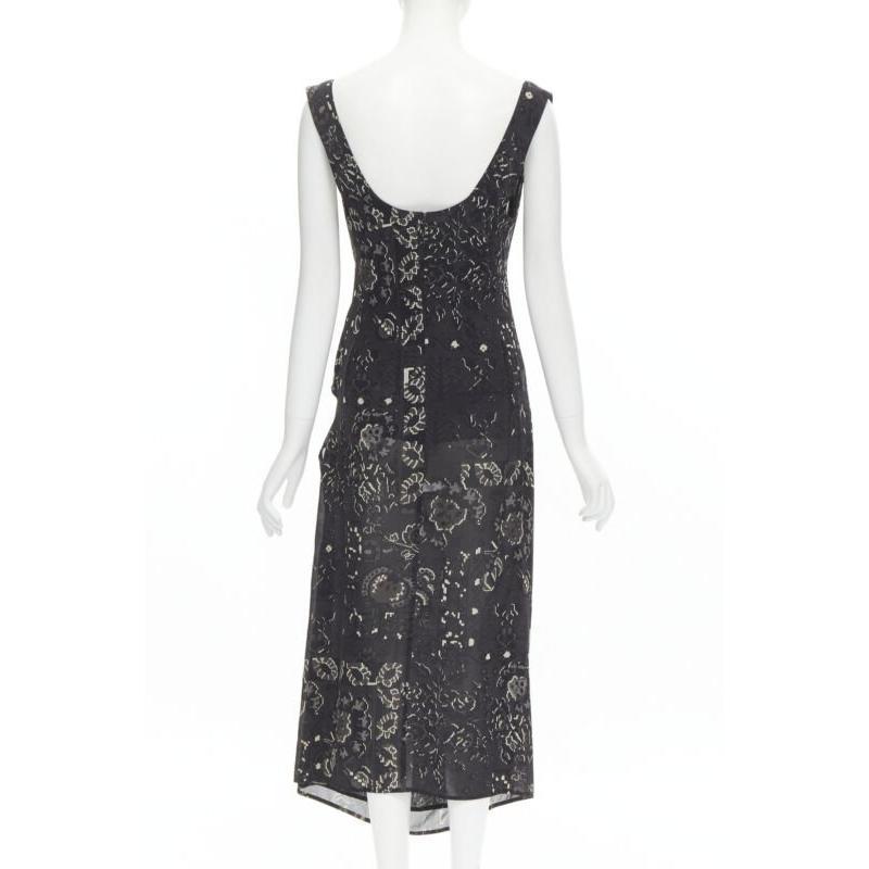 Women's YOHJI YAMAMOTO black pixelated floral paisley cut out draped front midi dress S For Sale