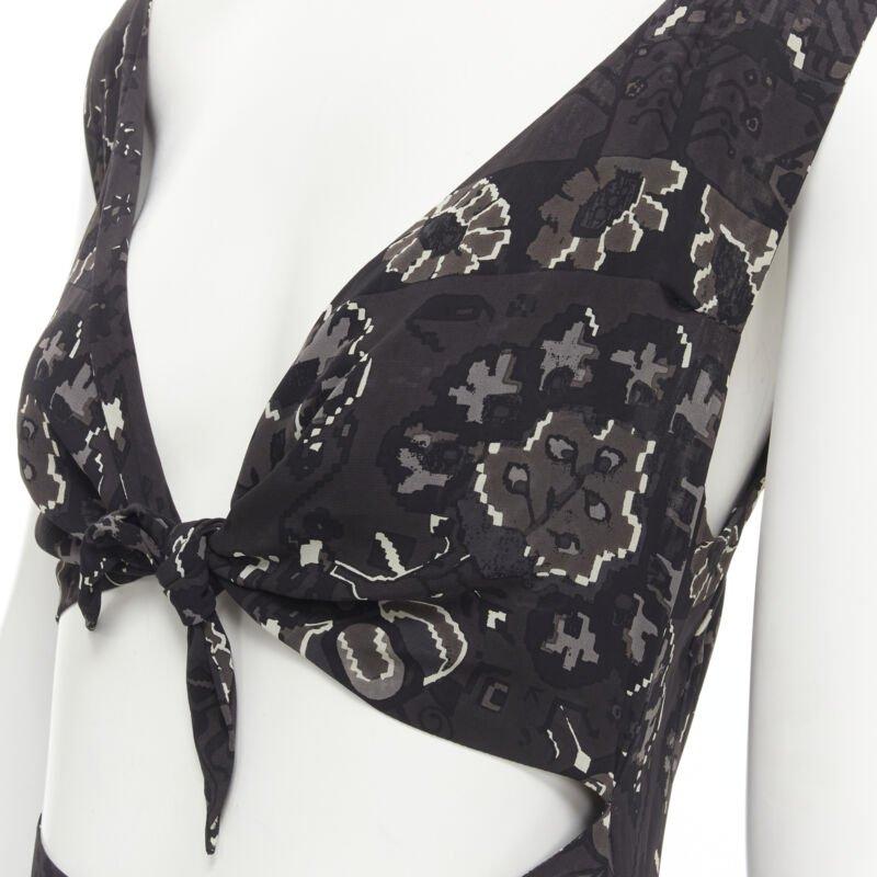 YOHJI YAMAMOTO black pixelated floral paisley cut out draped front midi dress S For Sale 2