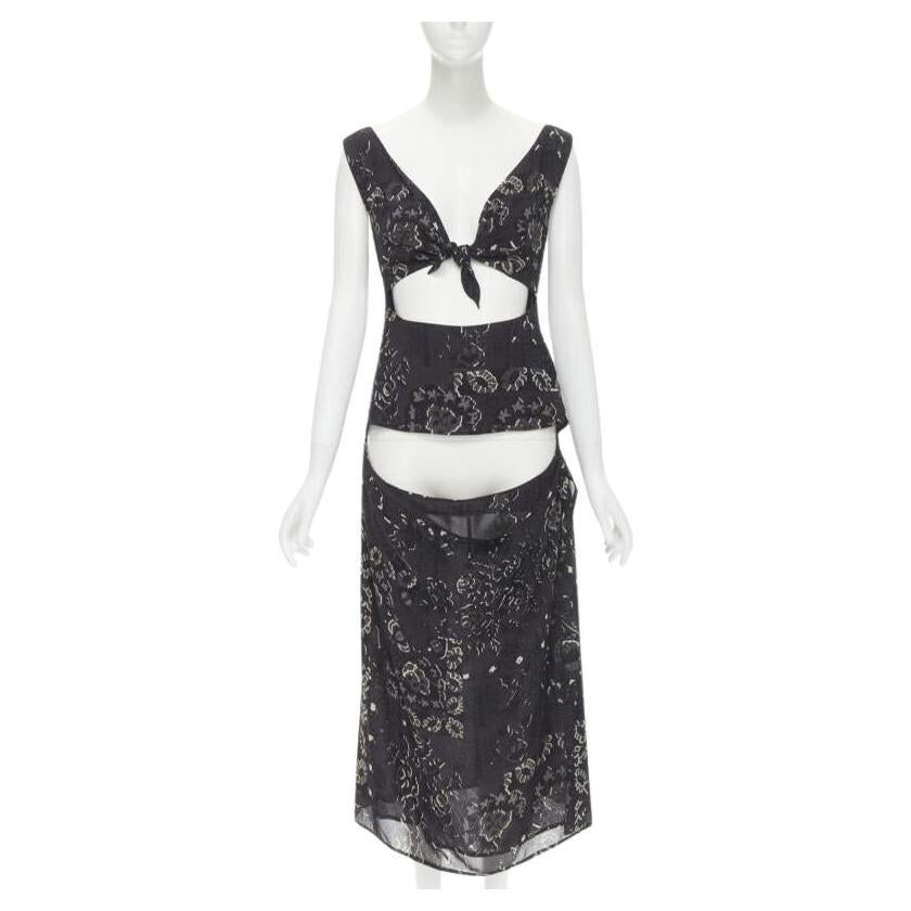 YOHJI YAMAMOTO black pixelated floral paisley cut out draped front midi dress S For Sale