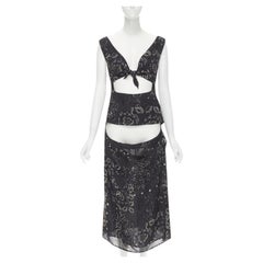 Vintage YOHJI YAMAMOTO black pixelated floral paisley cut out draped front midi dress S