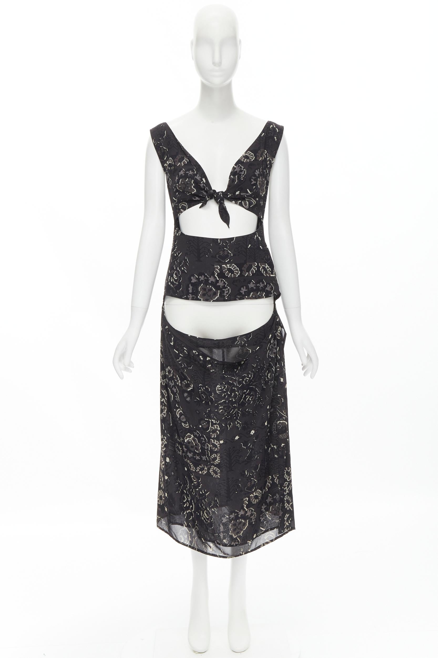 YOHJI YAMAMOTO black pixelated floral paisley print cut out draped front midi dr For Sale 3