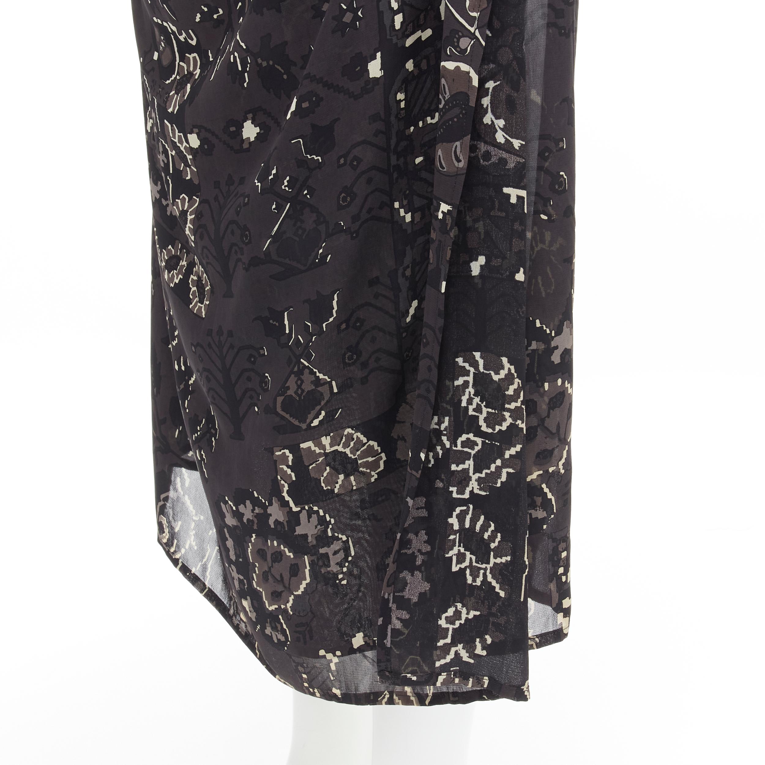 YOHJI YAMAMOTO black pixelated floral paisley print cut out draped front midi dr For Sale 1