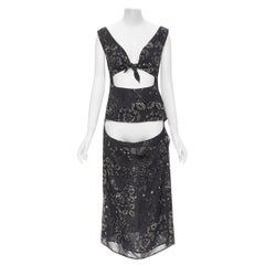 YOHJI YAMAMOTO black pixelated floral paisley print cut out draped front midi dr