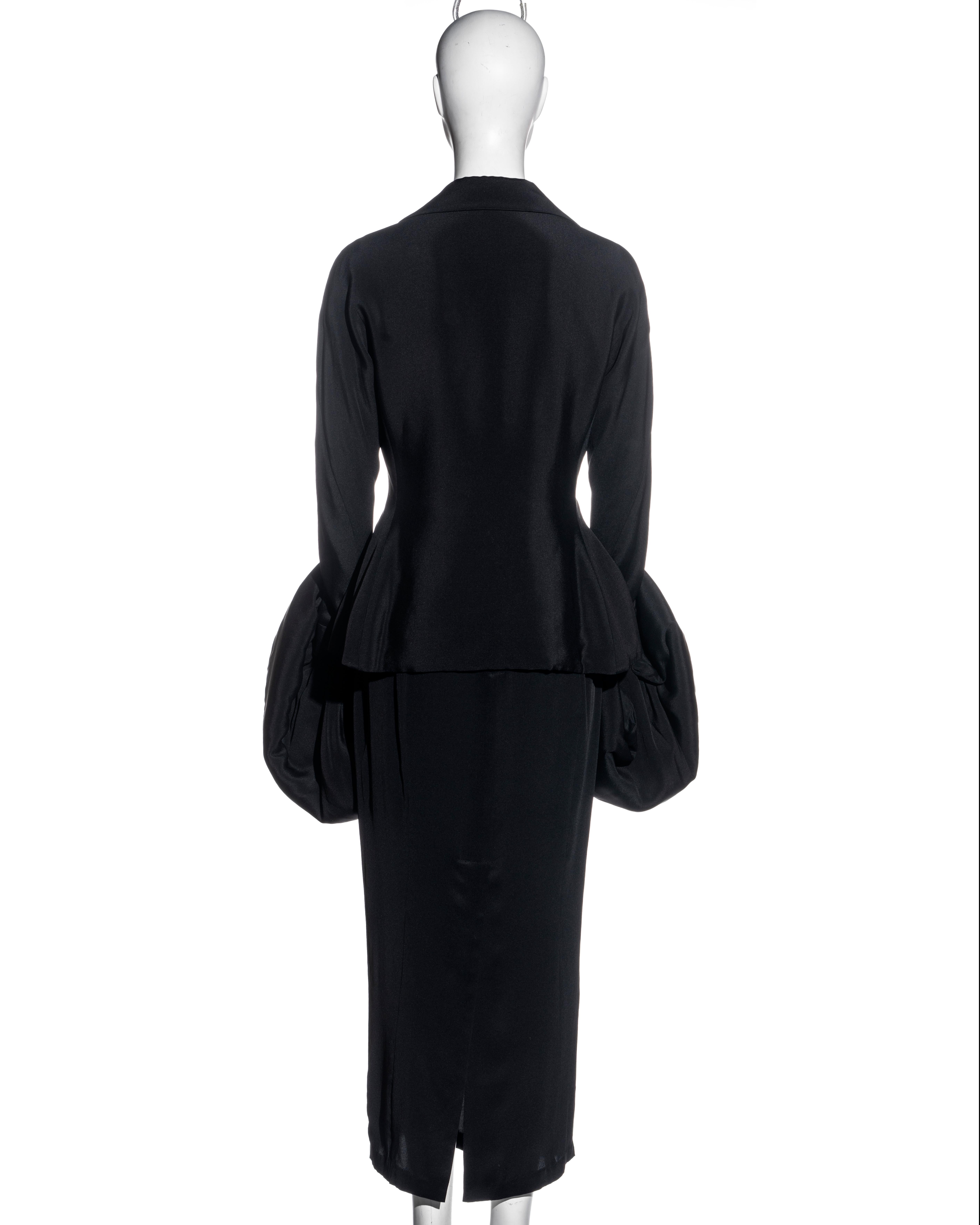 Women's Yohji Yamamoto black silk skirt suit with voluminous padded cuffs, fw 2003   For Sale