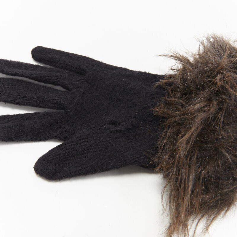 YOHJI YAMAMOTO black washed wool brown faux fur trimmed winter gloves In Good Condition For Sale In Hong Kong, NT