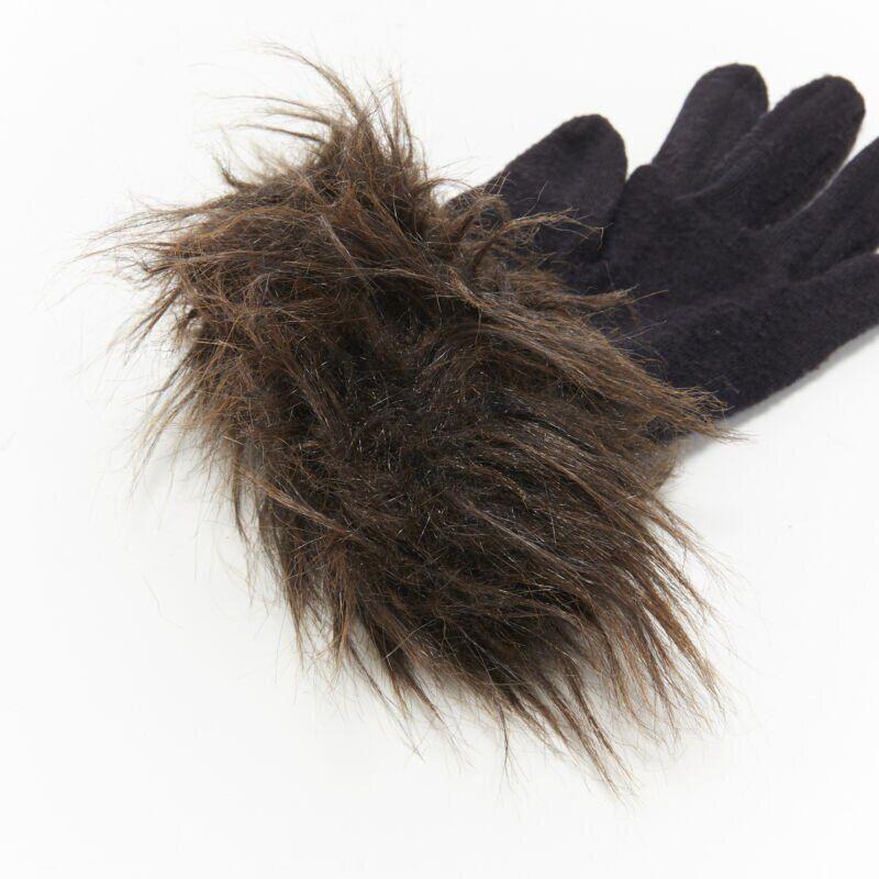 Women's YOHJI YAMAMOTO black washed wool brown faux fur trimmed winter gloves For Sale