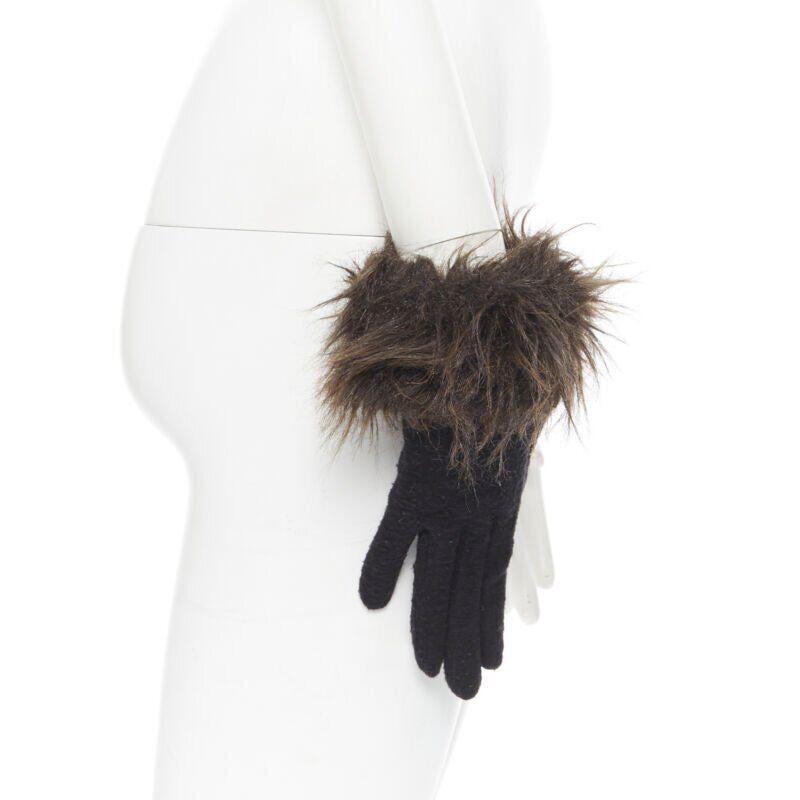 YOHJI YAMAMOTO black washed wool brown faux fur trimmed winter gloves For Sale 2