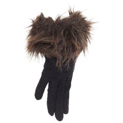 YOHJI YAMAMOTO black washed wool brown faux fur trimmed winter gloves