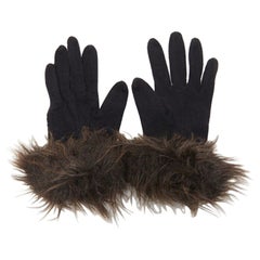 YOHJI YAMAMOTO black washed wool brown faux fur trimmed winter gloves