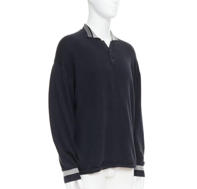Black YOHJI YAMAMOTO black white cotton ribbed trim long sleeve polo shirt M