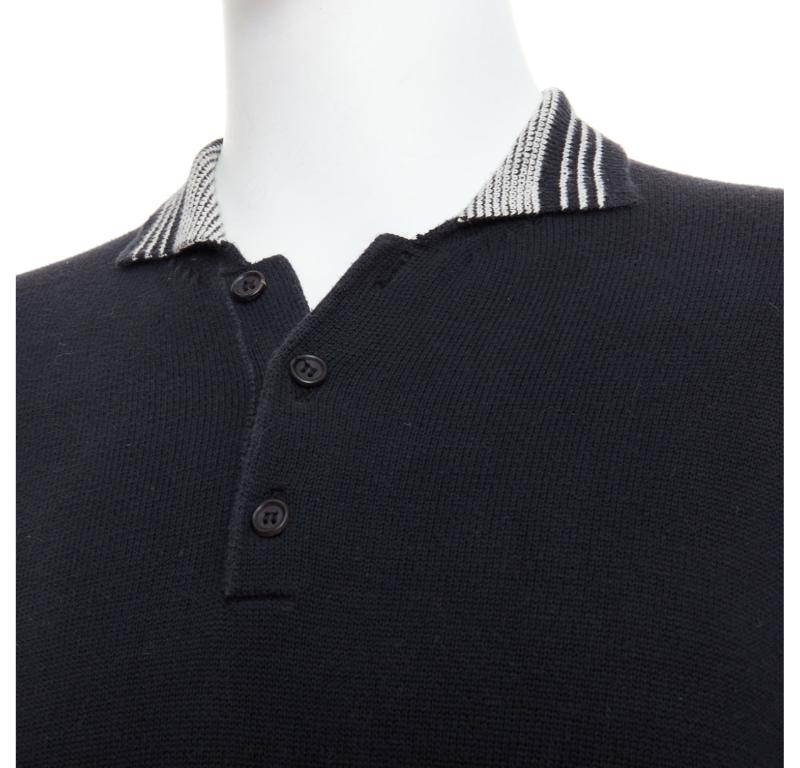 YOHJI YAMAMOTO black white cotton ribbed trim long sleeve polo shirt M 2