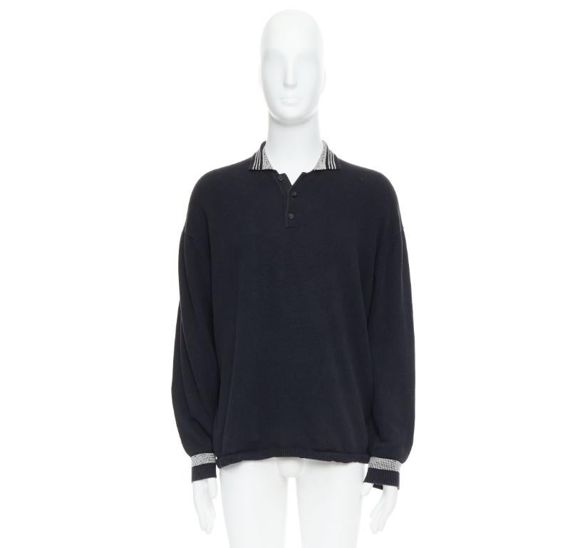 YOHJI YAMAMOTO black white cotton ribbed trim long sleeve polo shirt M 4