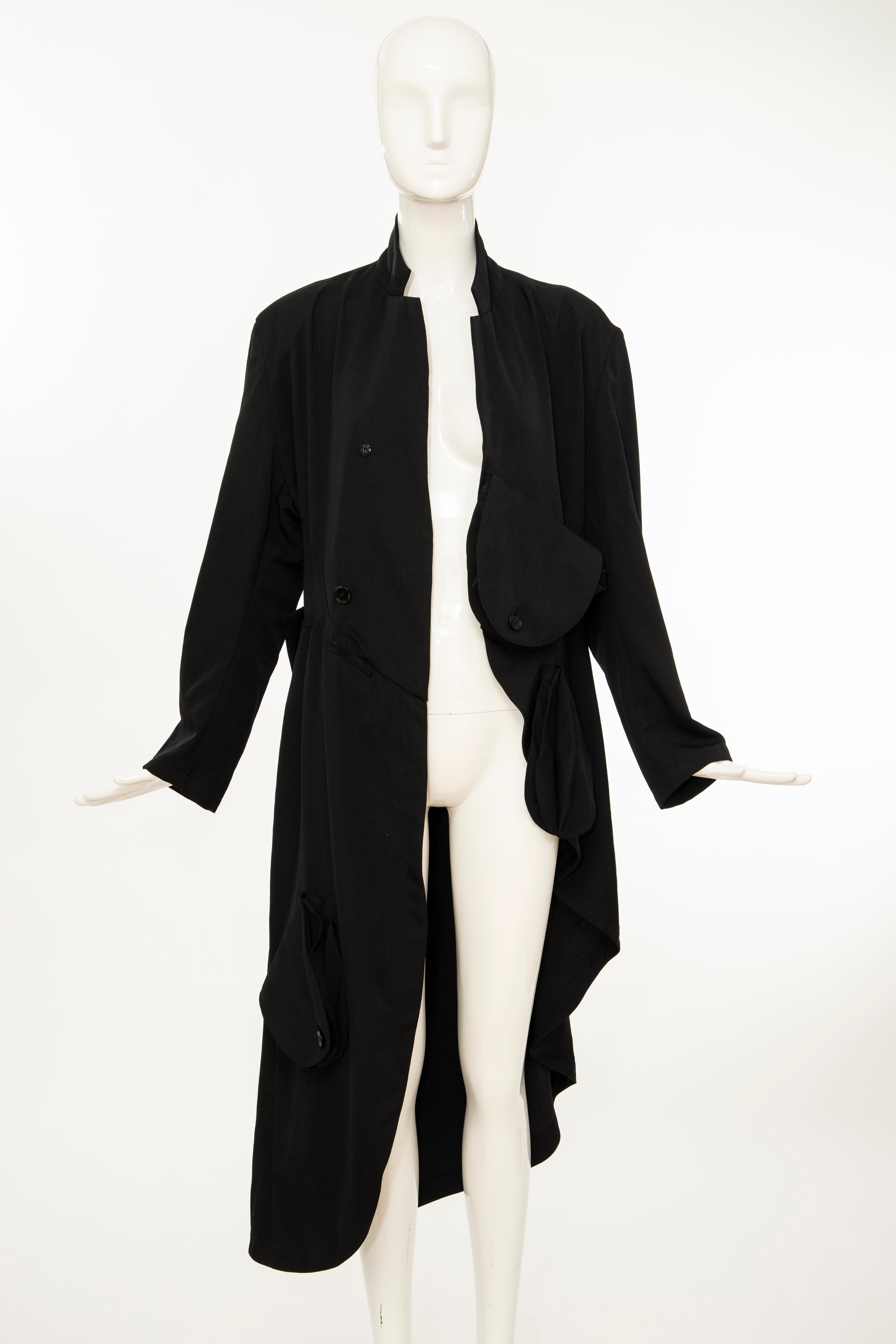 Yohji Yamamoto Black Lightweight Wool Coat Sloap Pockets, Spring 2017 For Sale 11