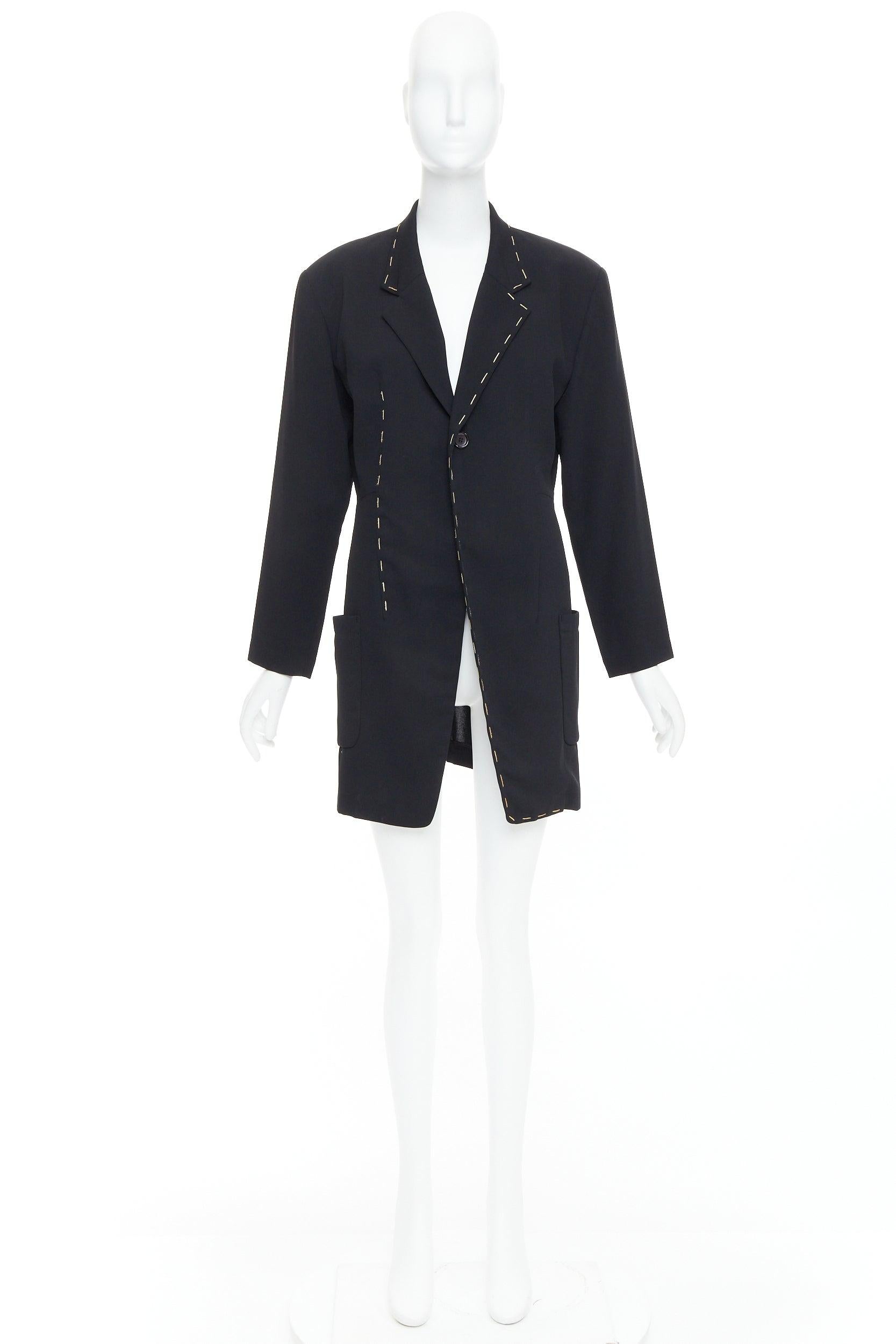 YOHJI YAMAMOTO black wool blend handstitched detail long blazer coat S For Sale 5