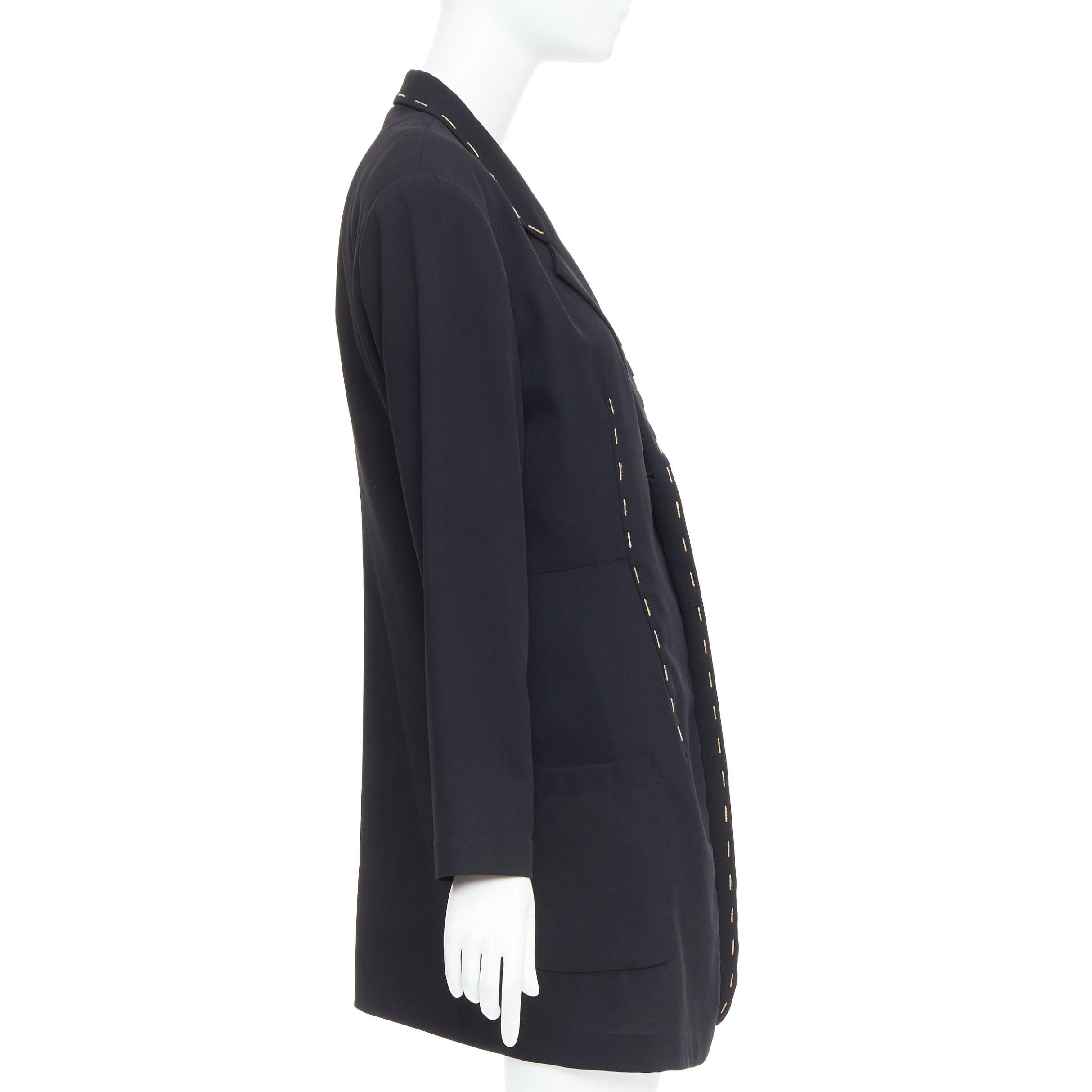 YOHJI YAMAMOTO black wool blend handstitched detail long blazer coat S In Excellent Condition For Sale In Hong Kong, NT