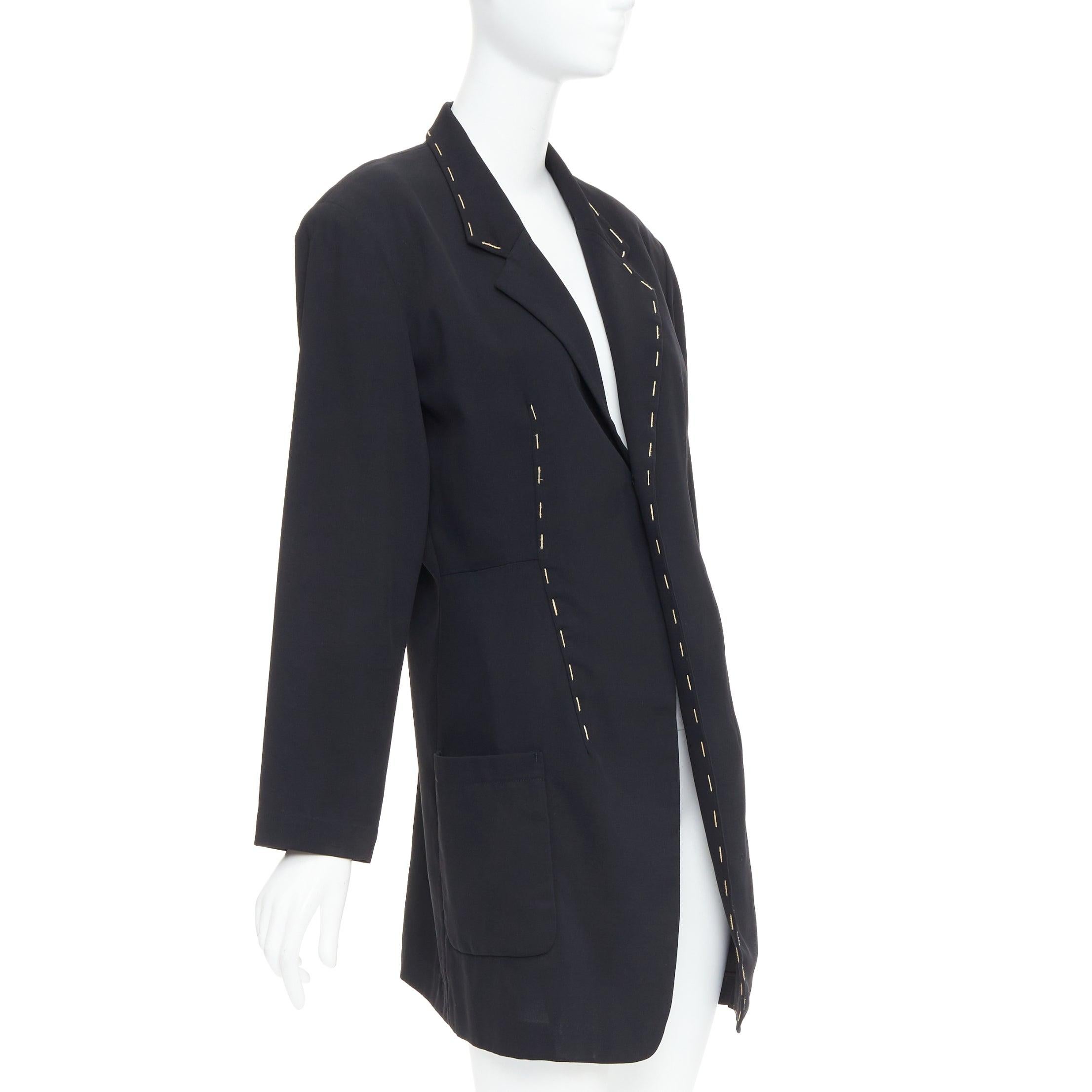 Women's YOHJI YAMAMOTO black wool blend handstitched detail long blazer coat S For Sale