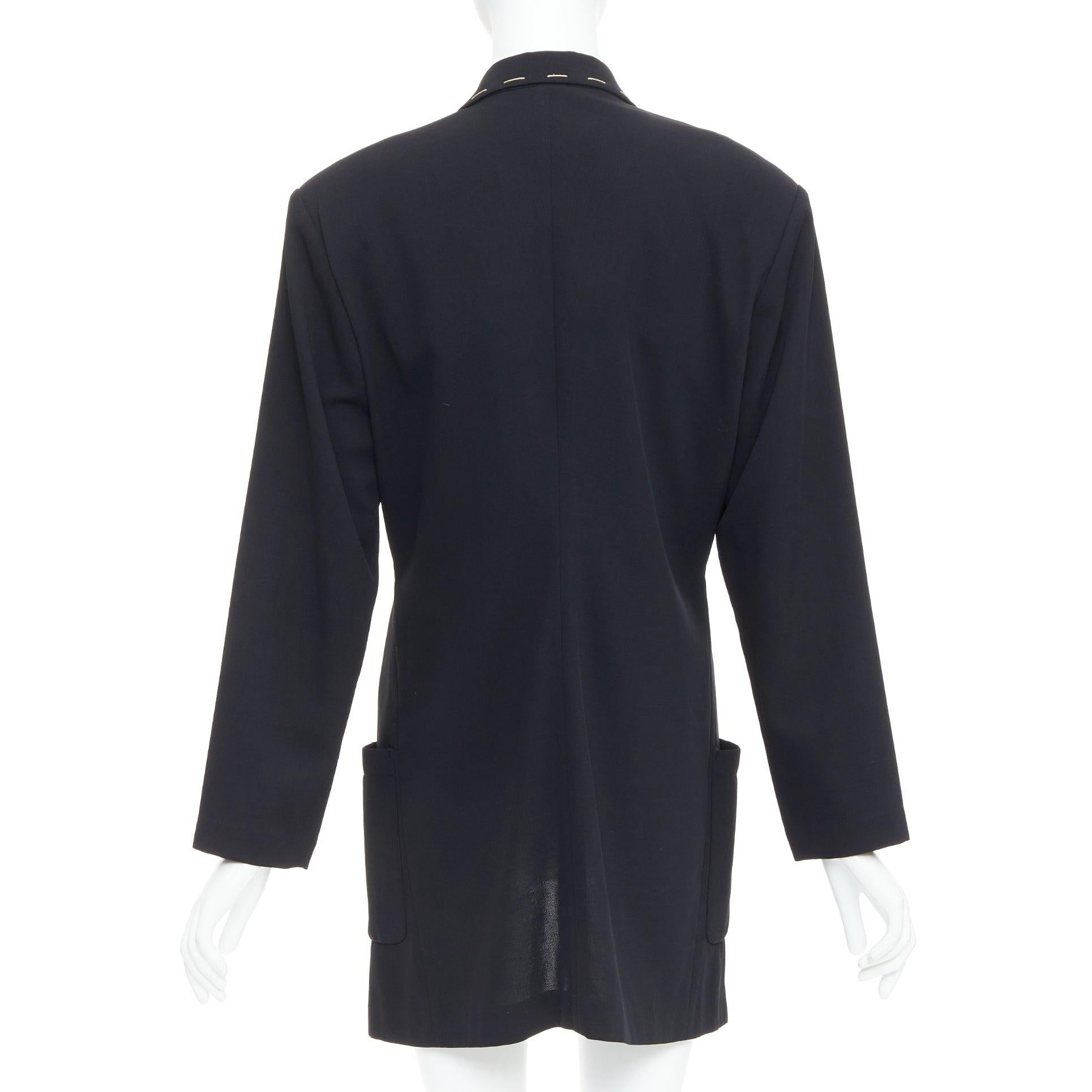YOHJI YAMAMOTO black wool blend handstitched detail long blazer coat S For Sale 1