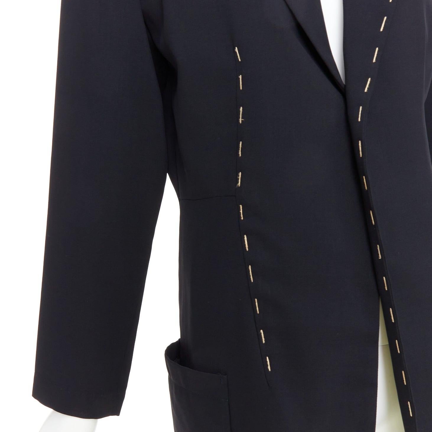 YOHJI YAMAMOTO black wool blend handstitched detail long blazer coat S For Sale 3