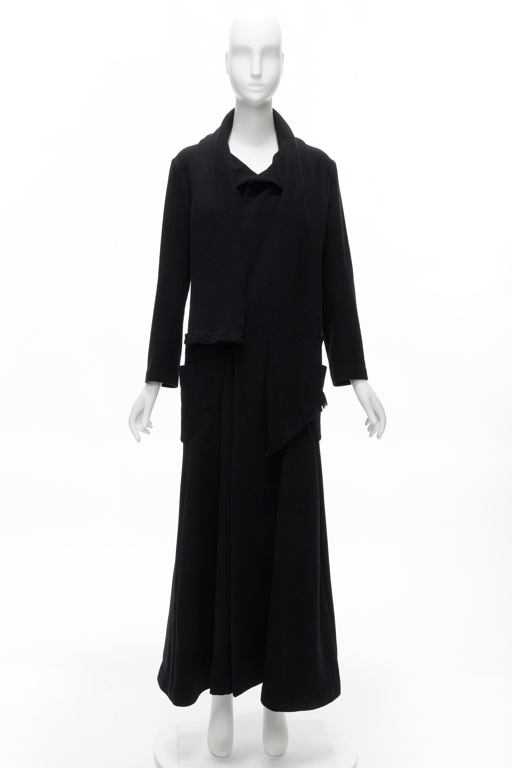 YOHJI YAMAMOTO black wool blend wrap scarf multi pockets longline coat JP2 M 6