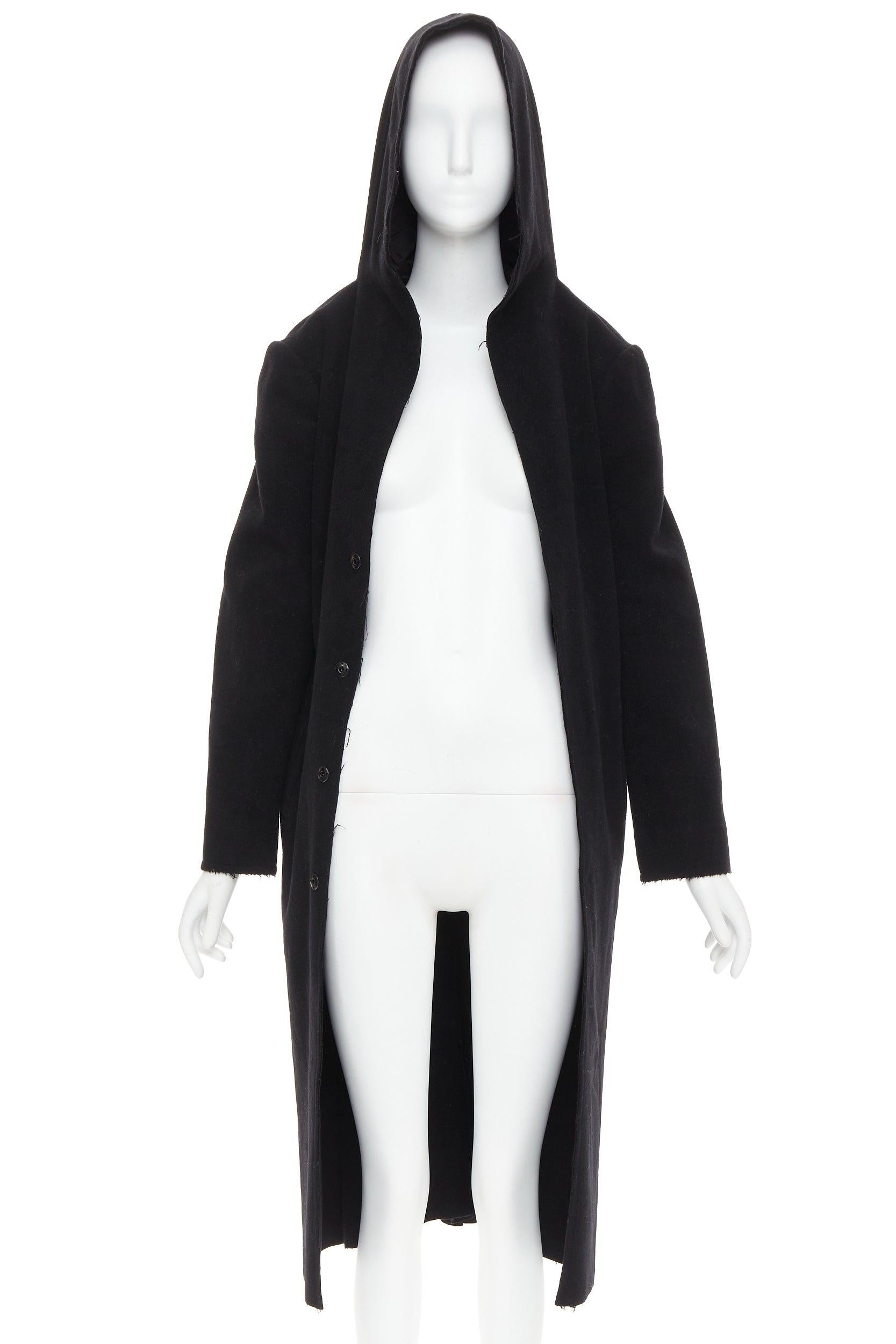 Noir YOHJI YAMAMOTO manteau long à capuche en laine de coton lin noir JP1 S en vente