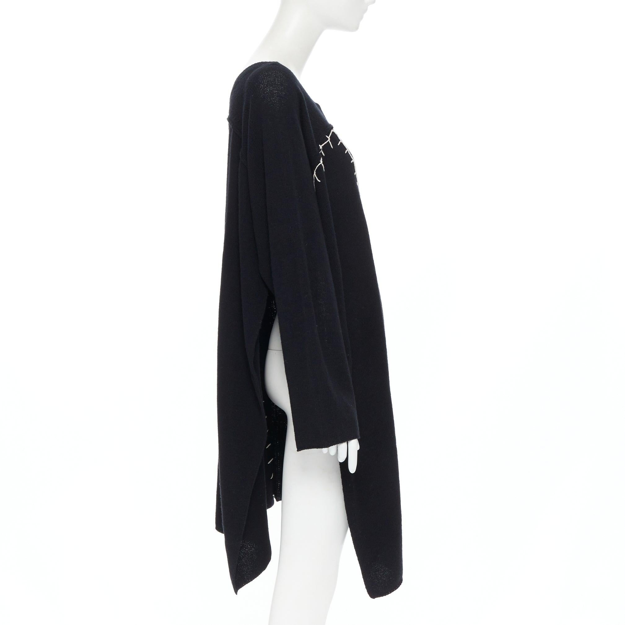 YOHJI YAMAMOTO black wool cotton white whipstitch open side tunic sweater JP2 In Good Condition In Hong Kong, NT