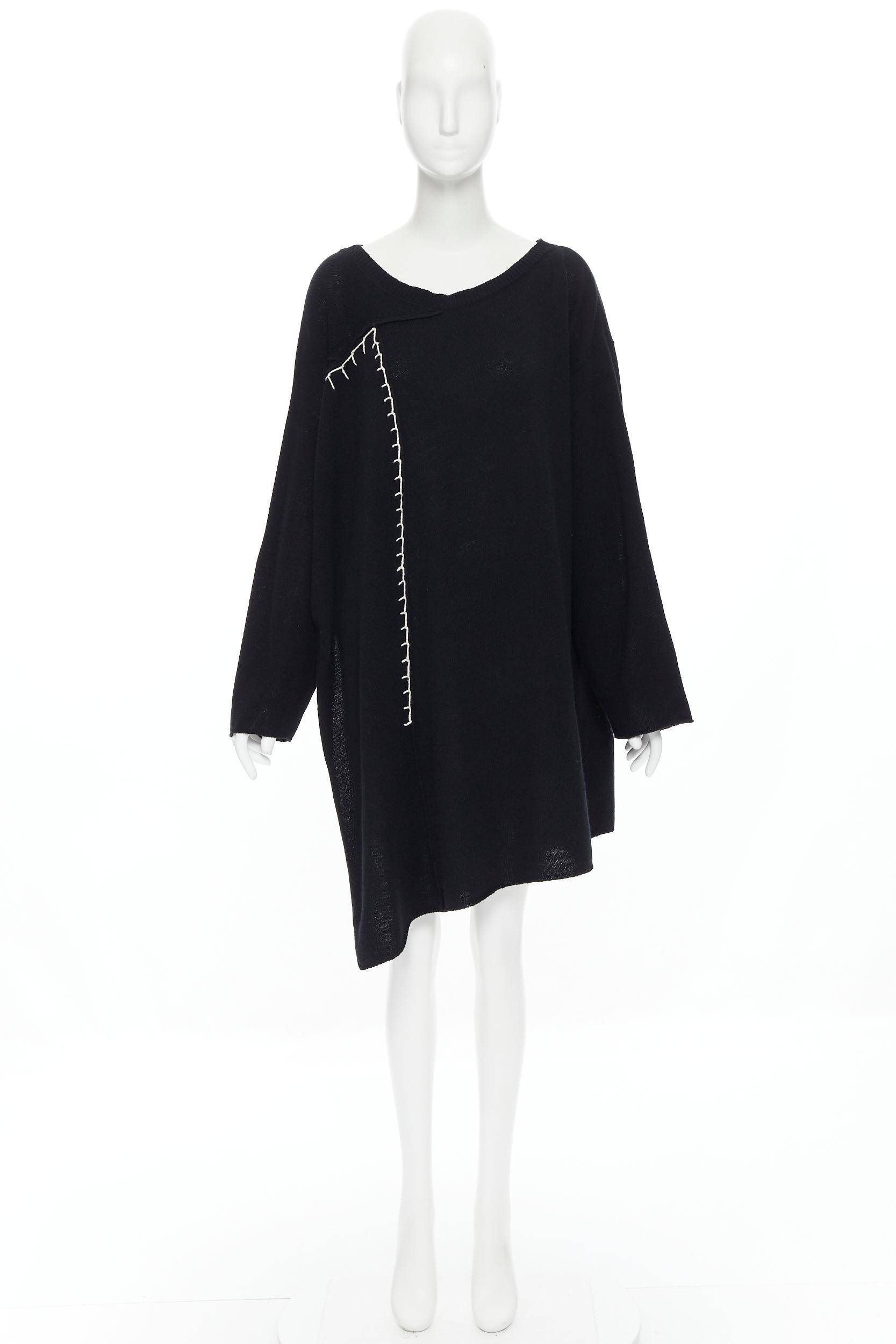 YOHJI YAMAMOTO black wool cotton white whipstitch open side tunic sweater JP2 In Good Condition In Hong Kong, NT