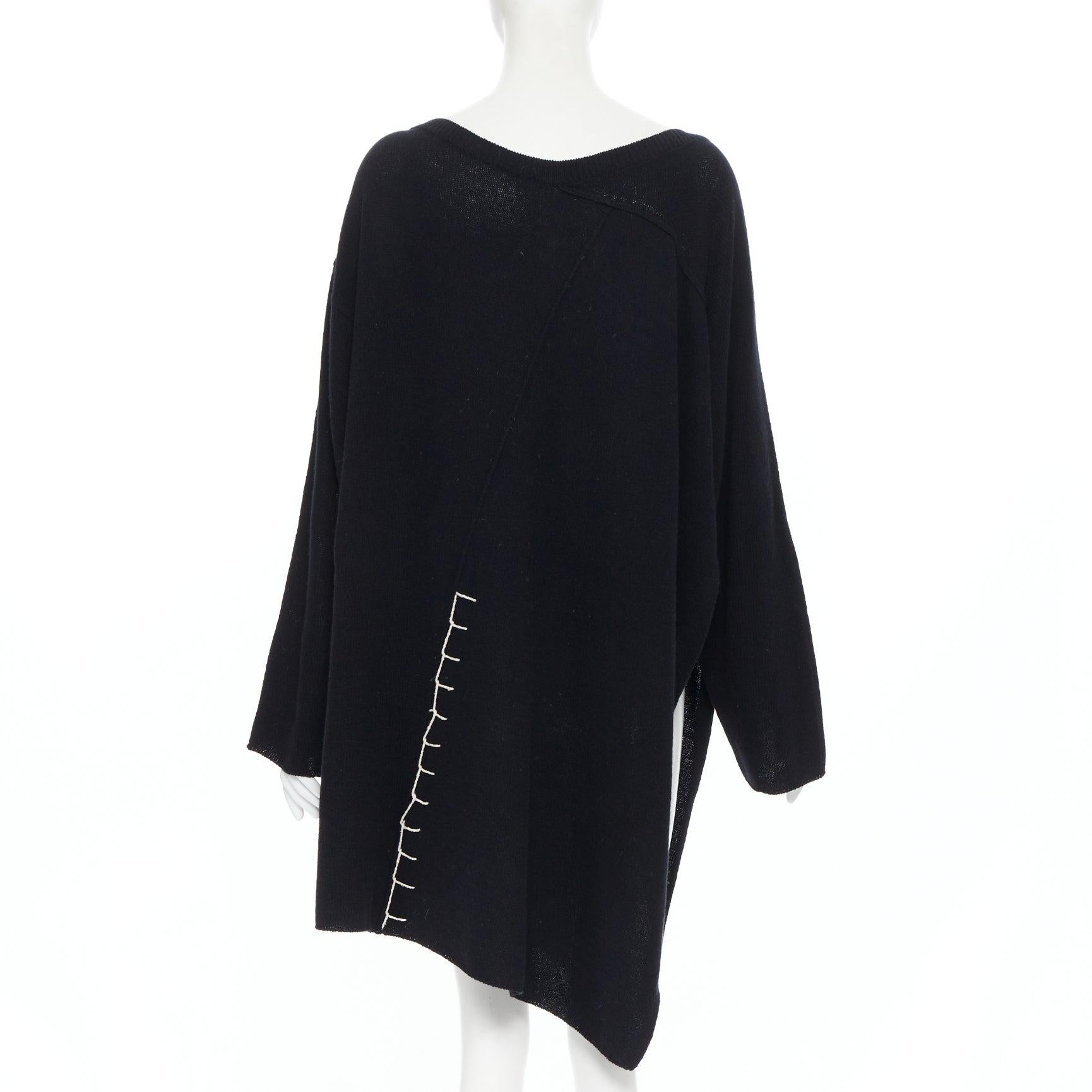 Women's YOHJI YAMAMOTO black wool cotton white whipstitch open side tunic sweater JP2