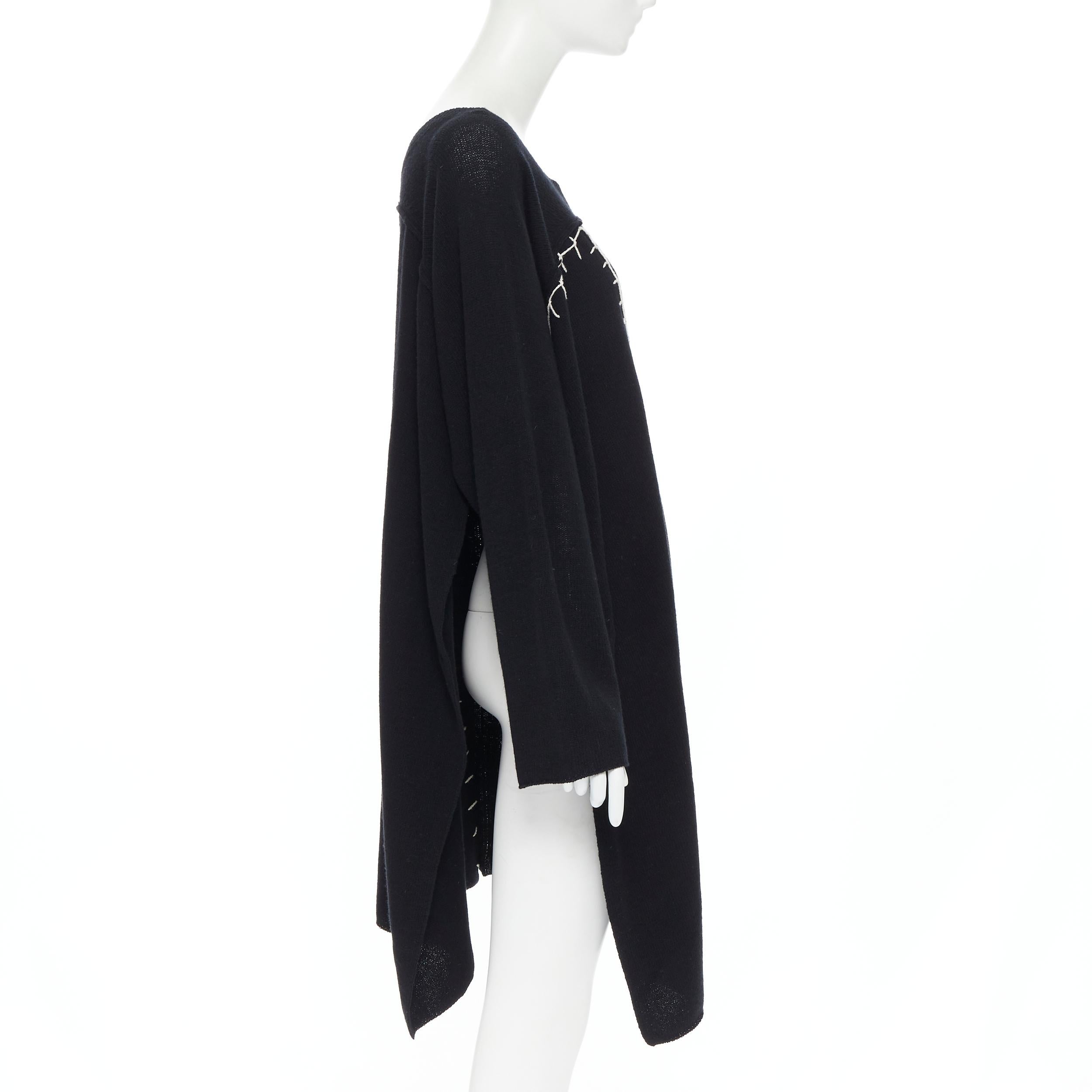 Women's YOHJI YAMAMOTO black wool cotton white whipstitch open side tunic sweater JP2