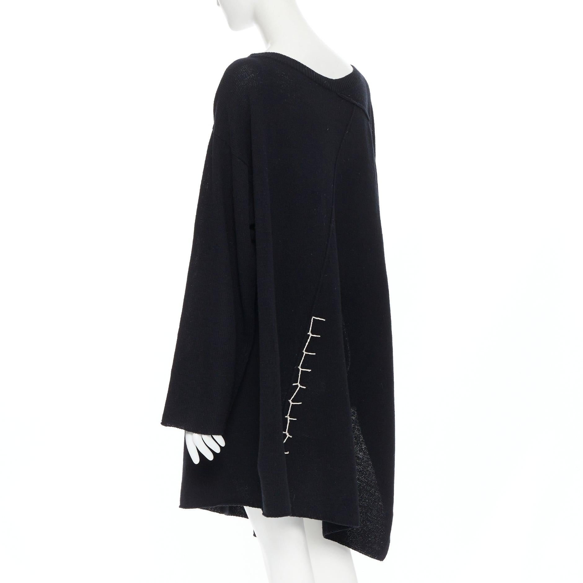 YOHJI YAMAMOTO black wool cotton white whipstitch open side tunic sweater JP2 1