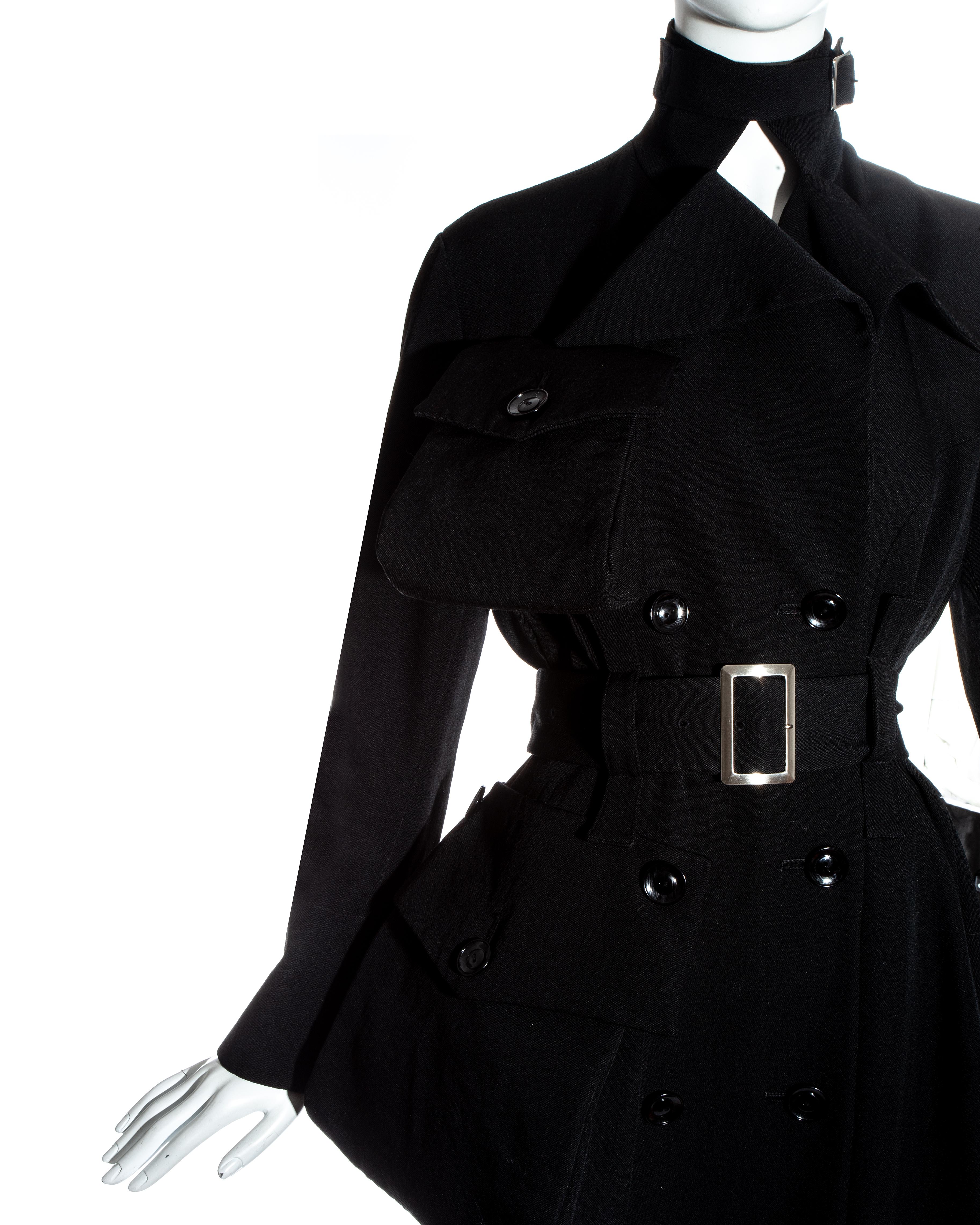 Black Yohji Yamamoto black wool gabardine coat with exaggerated pockets, fw 2004 For Sale