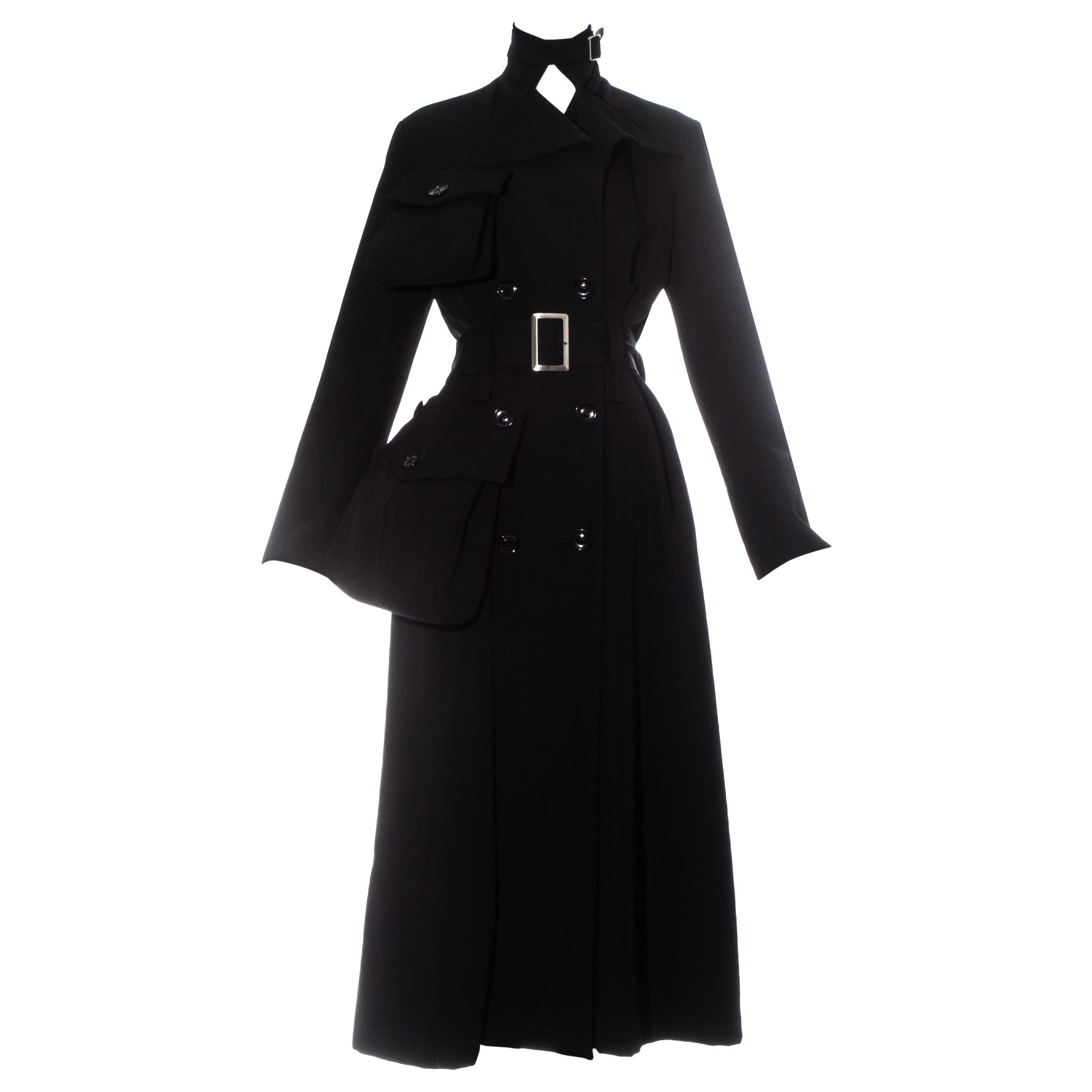 Yohji Yamamoto black wool gabardine coat with exaggerated pockets, fw 2004 For Sale