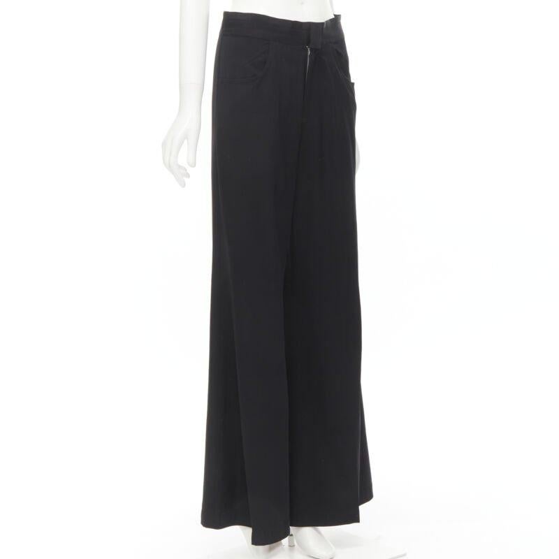 Black YOHJI YAMAMOTO black wool grosgrain trim waist high waisted wide leg pants JP3 L For Sale