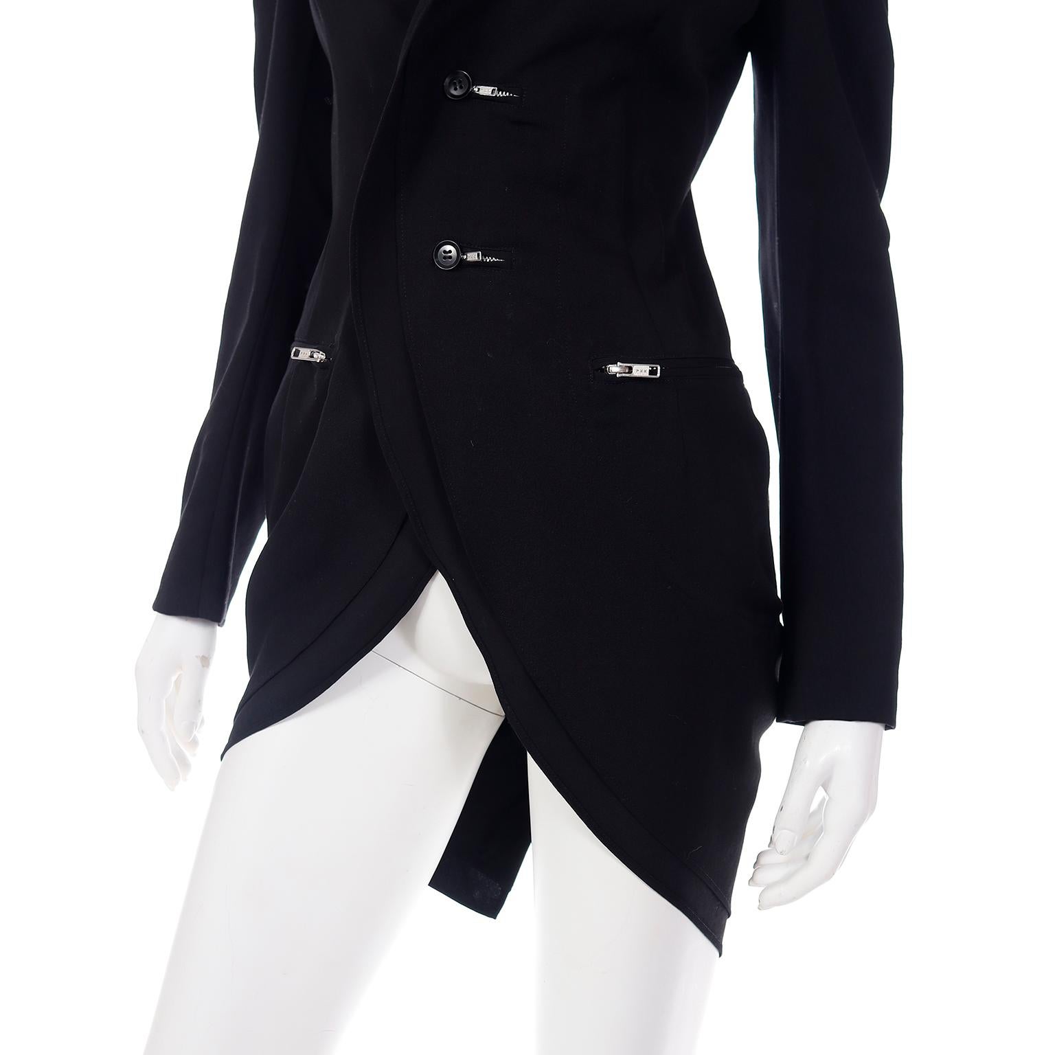 Yohji Yamamoto Black Wool Tuxedo Style Jacket W Zipper Button Holes & Pockets For Sale 3