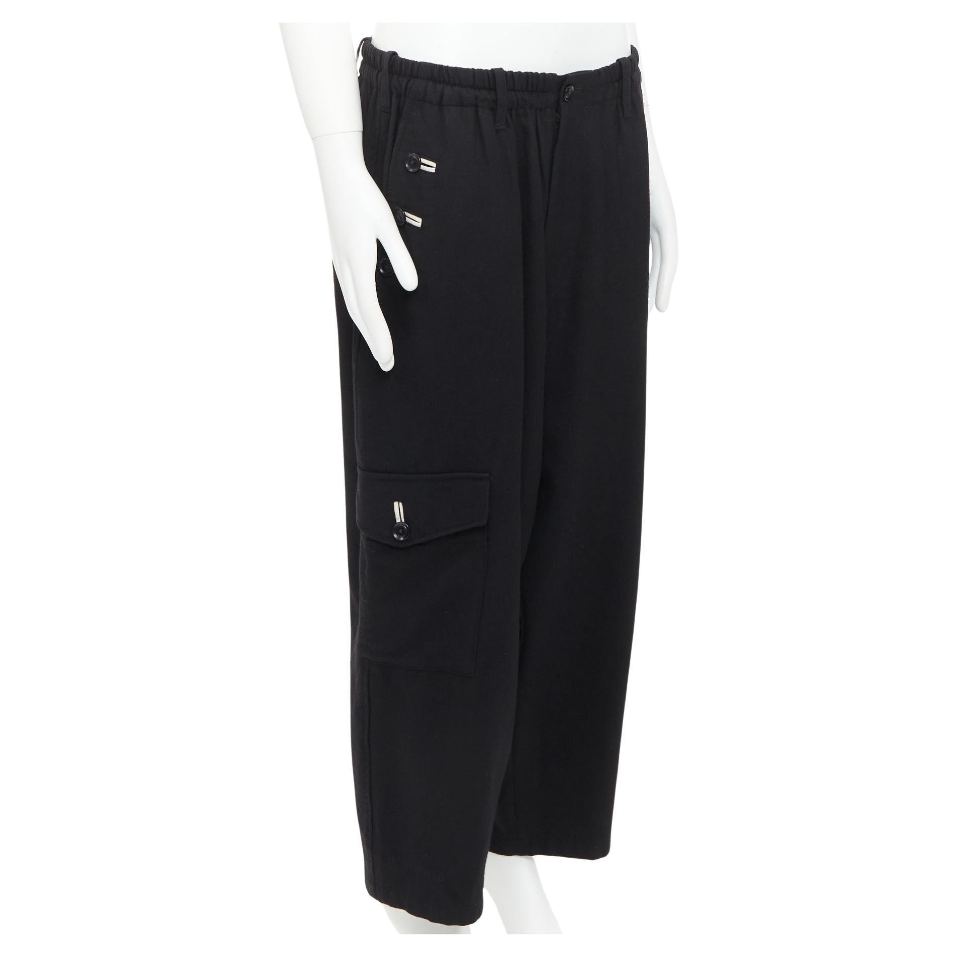 Noir YOHJI YAMAMOTO pantalon à jambe large JP3 L en laine noire et coton blanc avec boutons. en vente