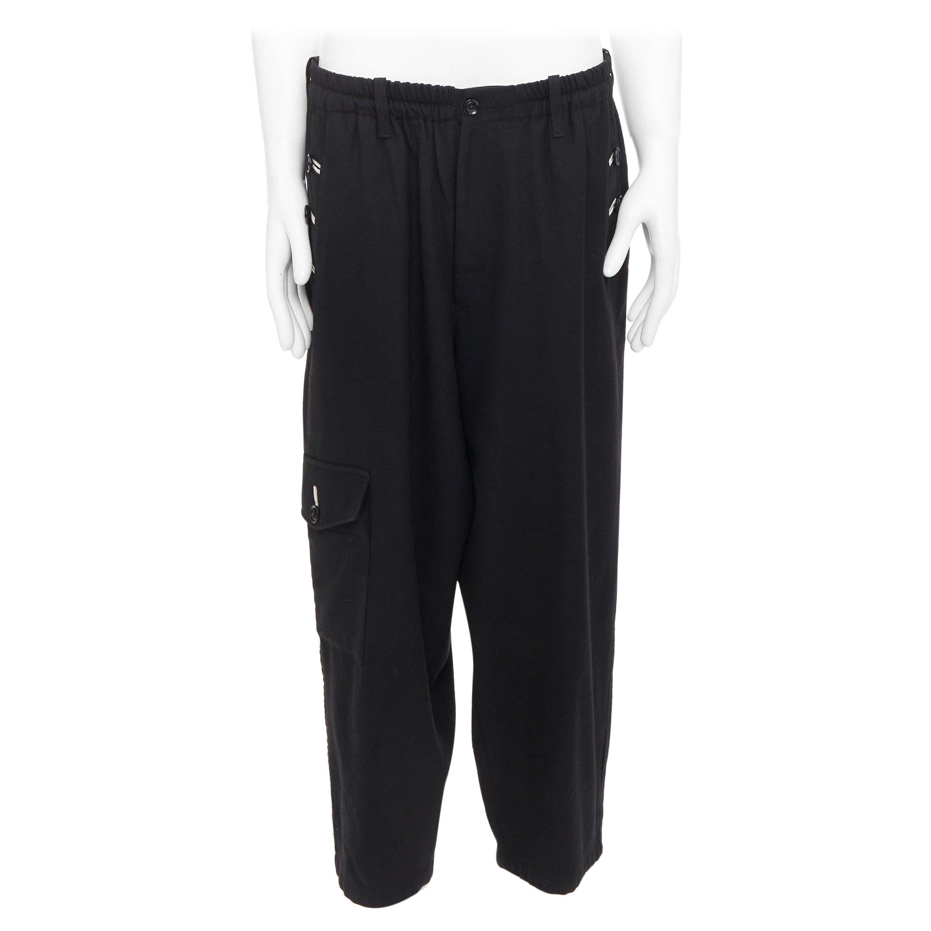 YOHJI YAMAMOTO black wool white cotton trim buttons wide leg pants JP3 L