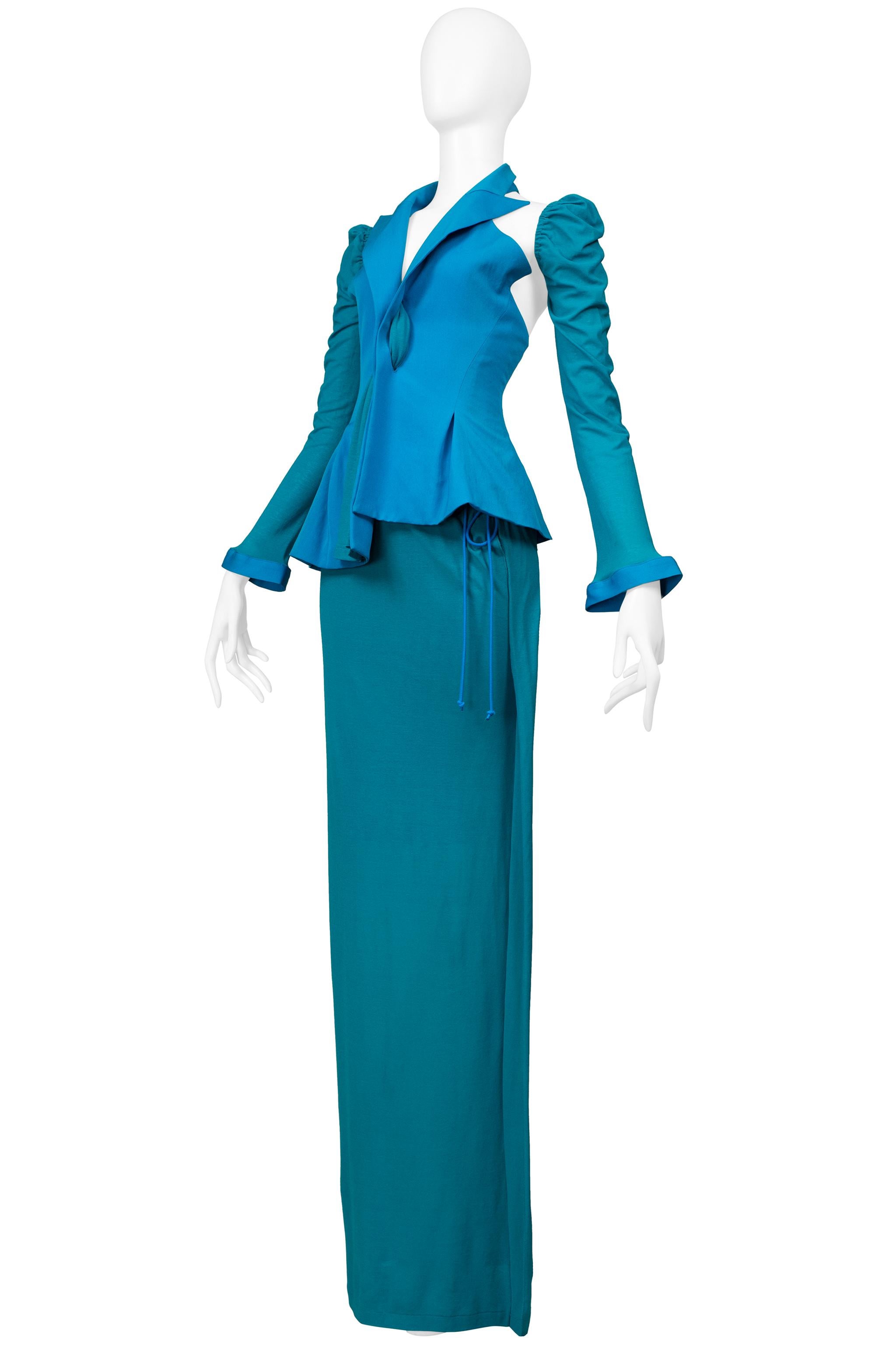 Yohji Yamamoto Blue & Teal Evening Ensemble With Detachable Sleeve & Scarf In Excellent Condition For Sale In Los Angeles, CA