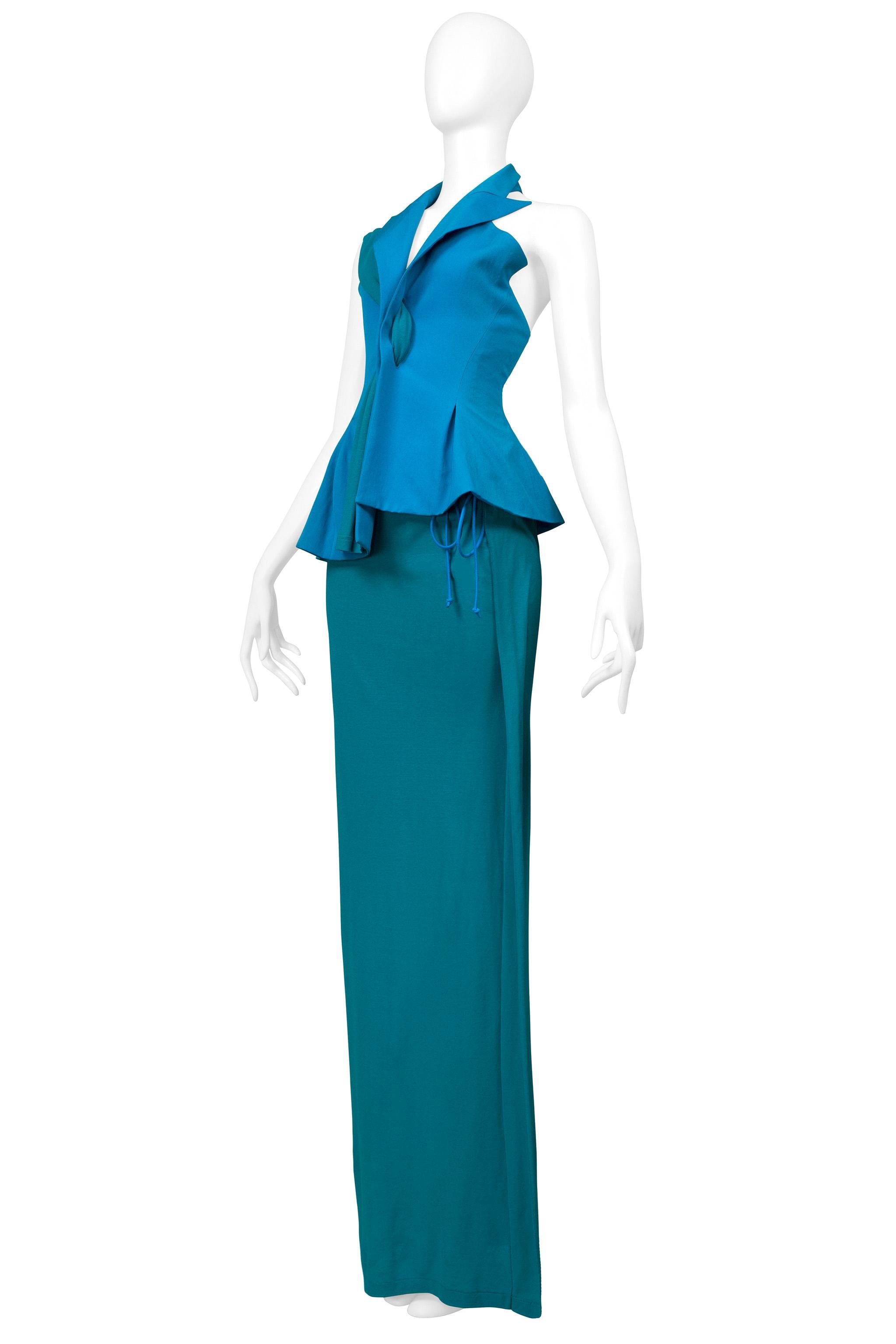 Women's Yohji Yamamoto Blue & Teal Evening Ensemble With Detachable Sleeve & Scarf For Sale